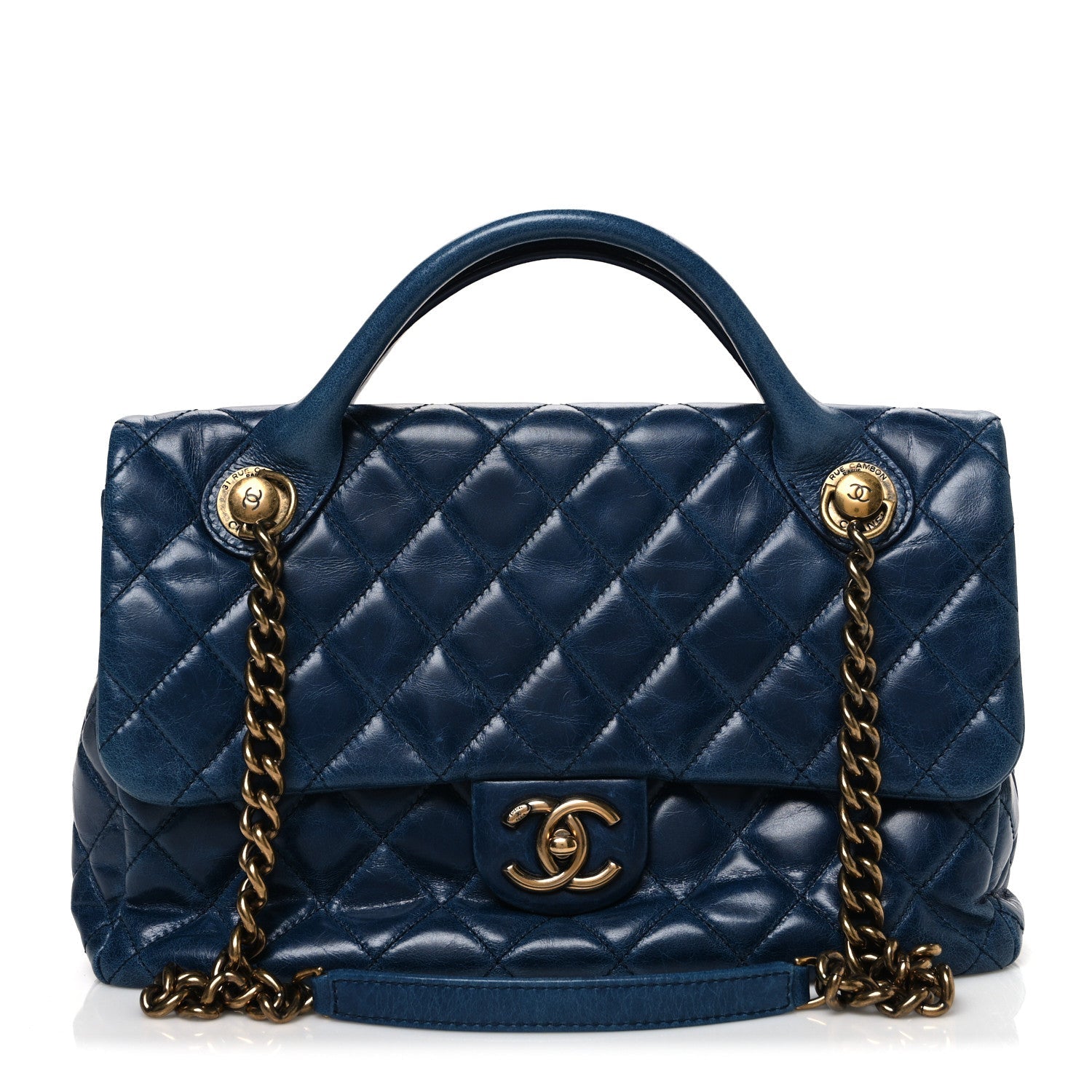 Glazed Calfskin Castle Rock Medium Flap Blue
