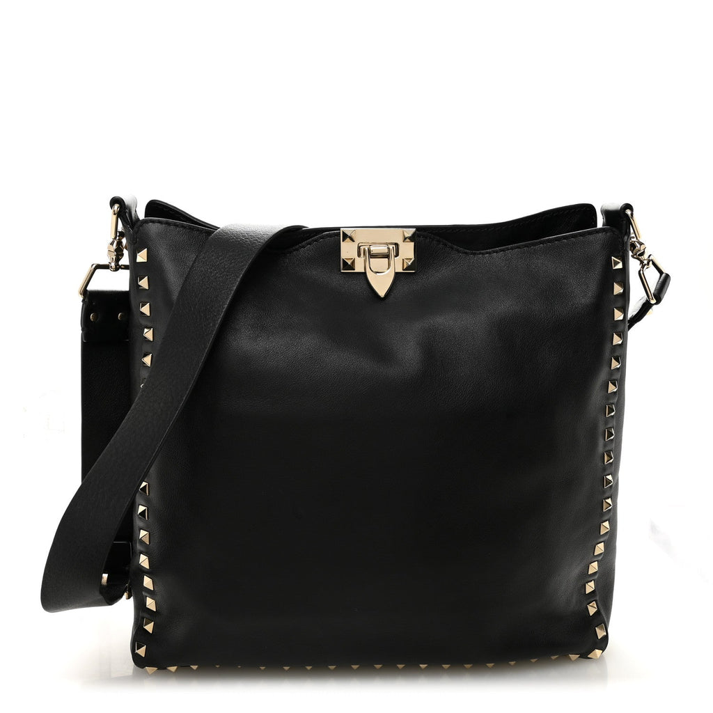 Vitello Calfskin Small Rockstud Flip-Lock Messenger Bag Black