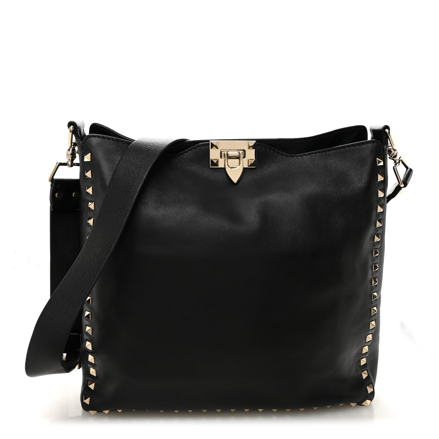 Vitello Calfskin Small Rockstud Flip-Lock Messenger Bag Black