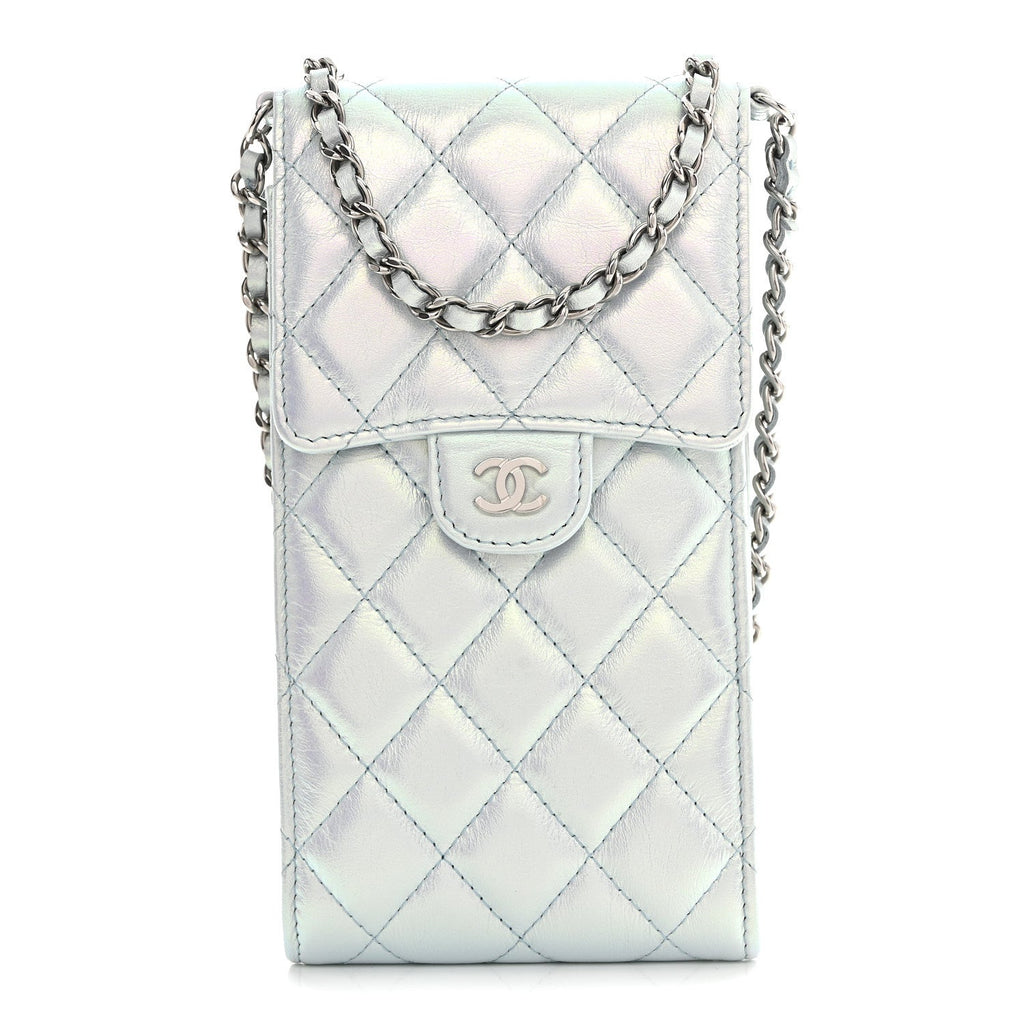 Iridescent Lambskin Quilted CC Phone Holder Blue