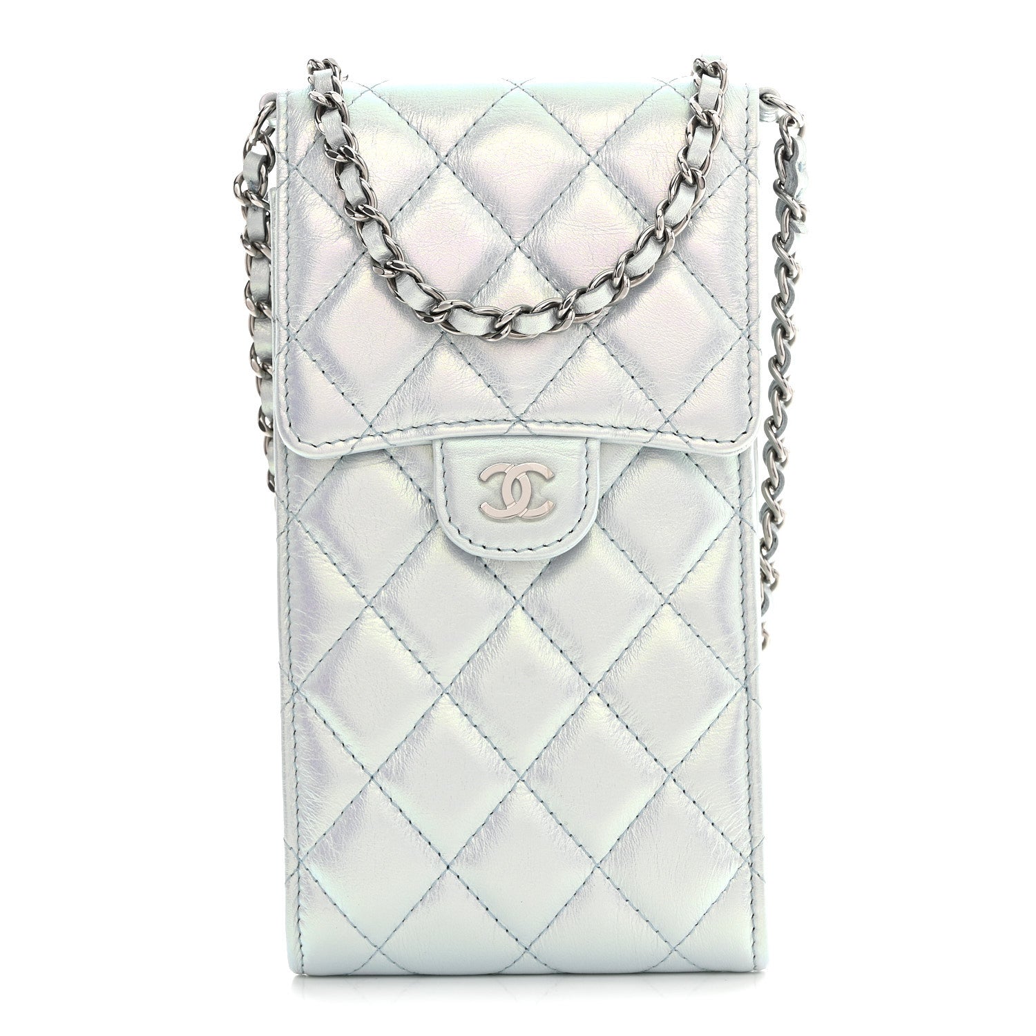 Iridescent Lambskin Quilted CC Phone Holder Blue