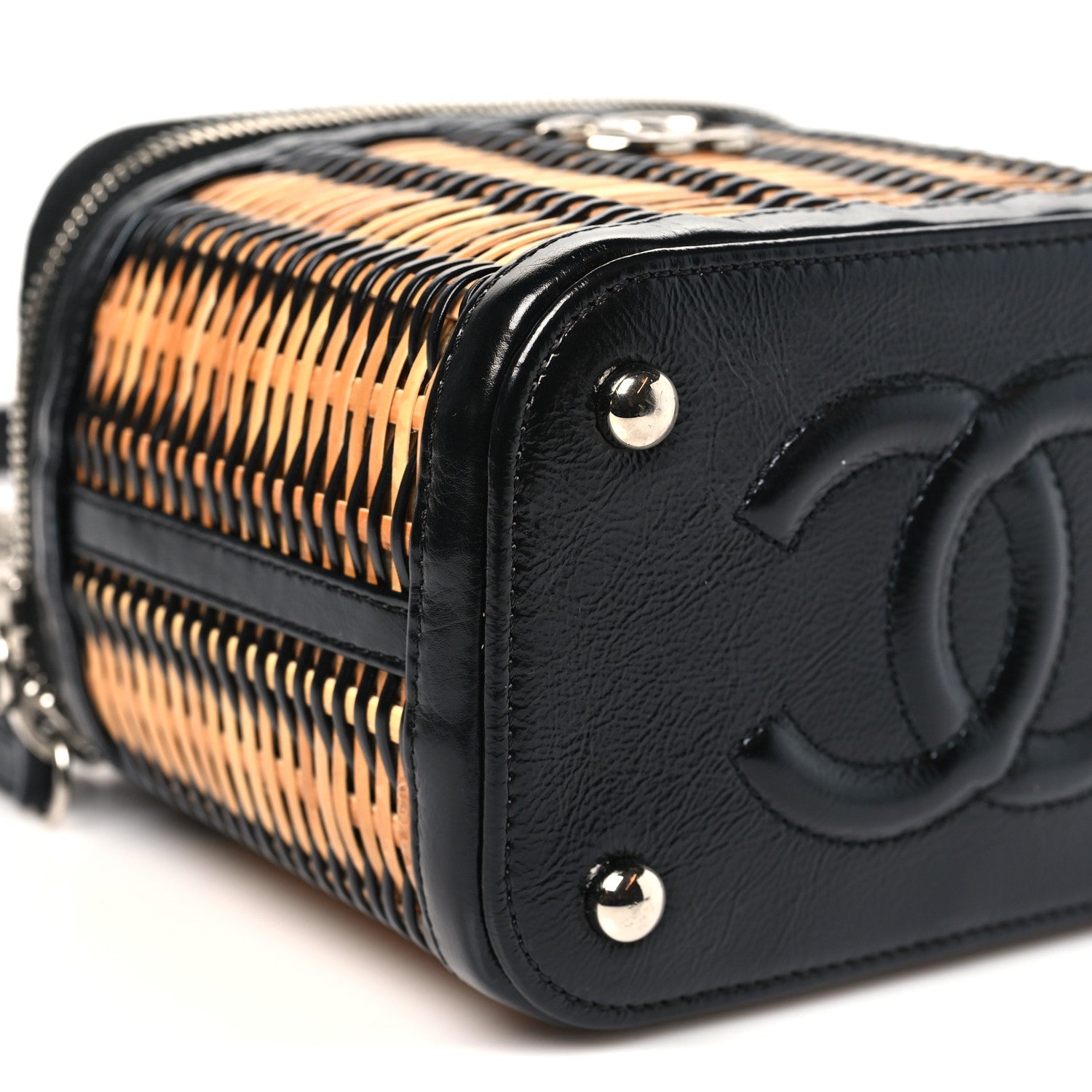 Calfskin Raffia Small Vanity Case Bag Black Beige