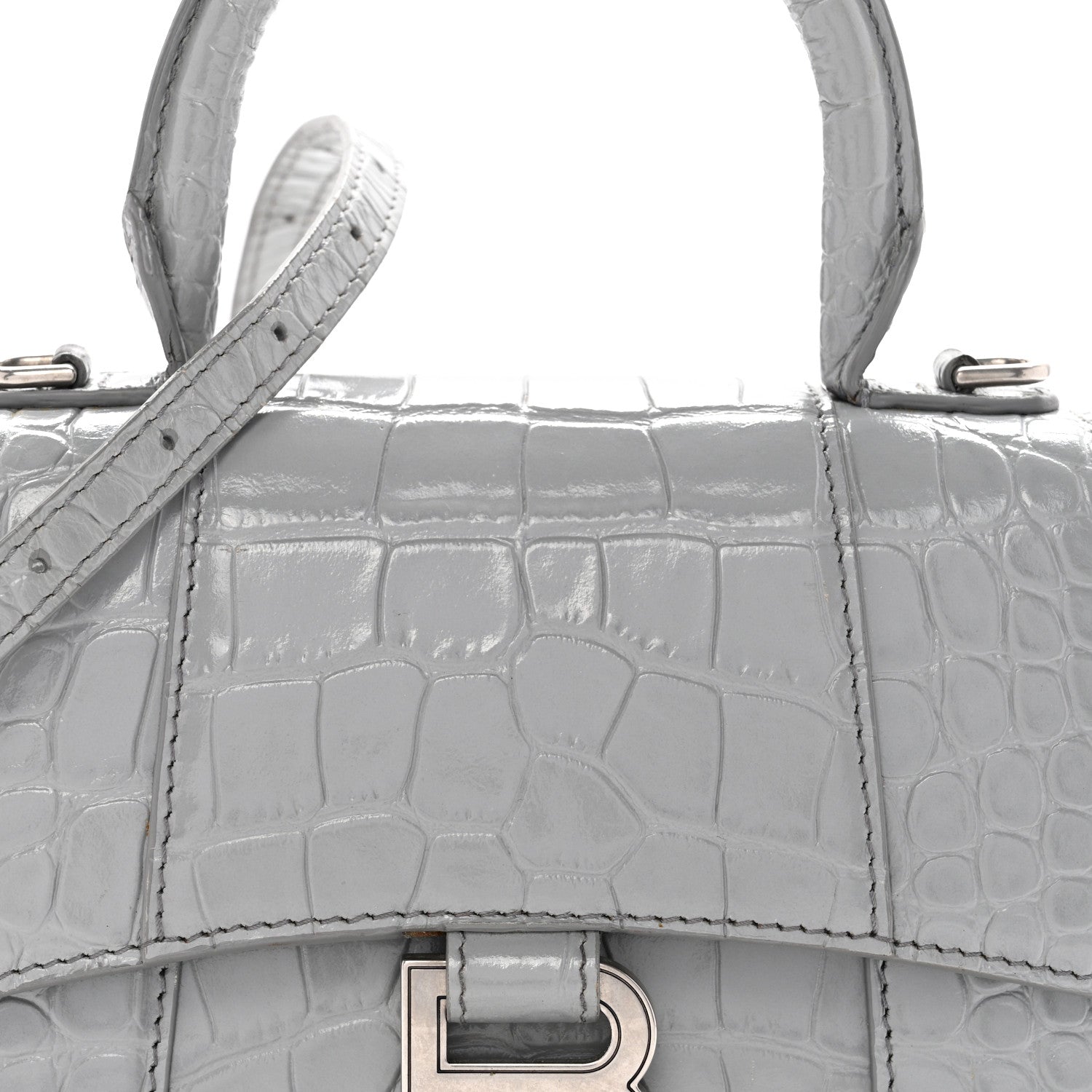 Shiny Calfskin Crocodile Embossed Hourglass Top Handle Bag XS Balenciaga Grey