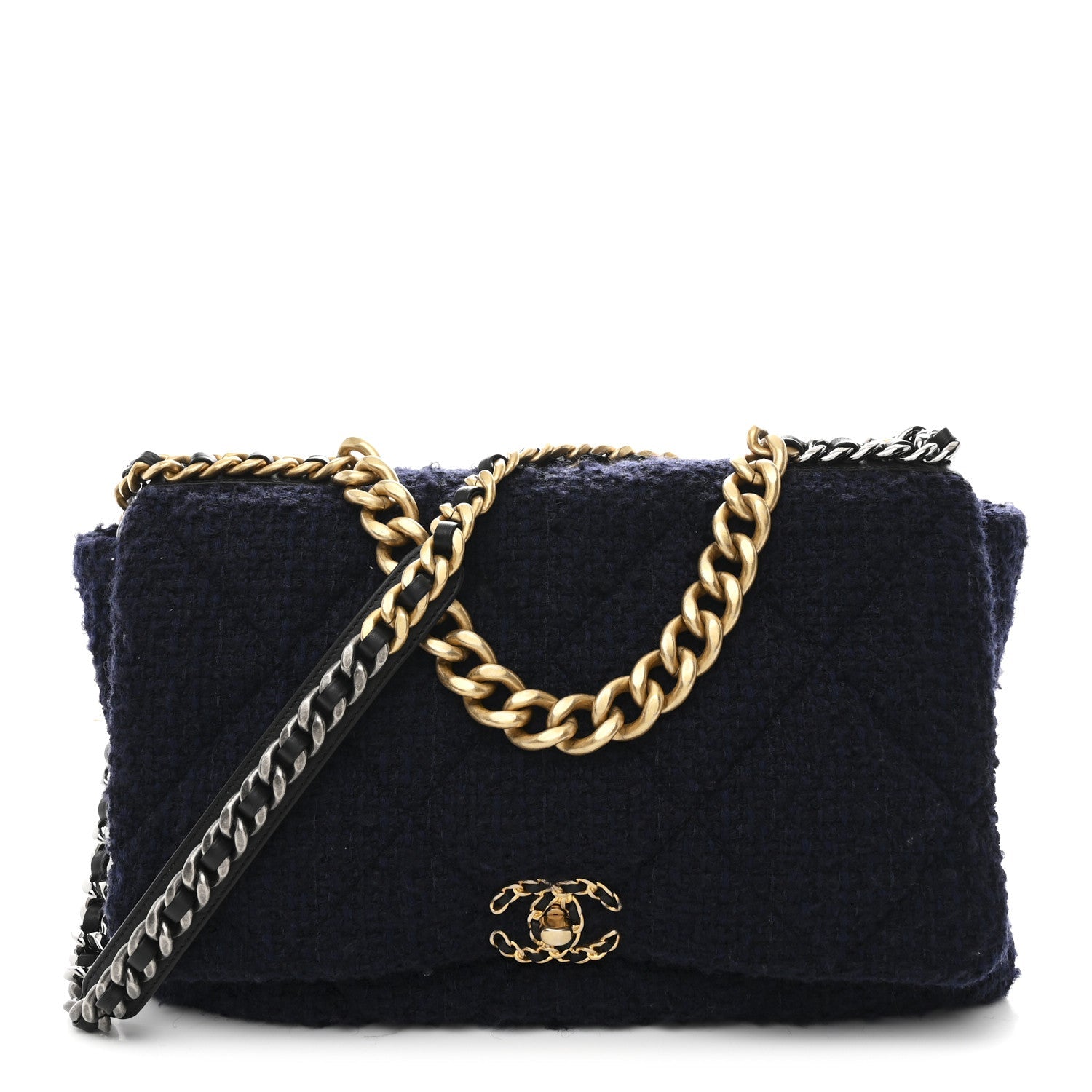 Tweed Quilted Maxi Chanel 19 Flap Navy