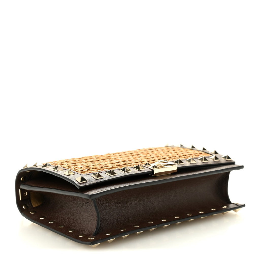 Raffia Calfskin Rockstud Wallet On Chain Pouch Natural Brown