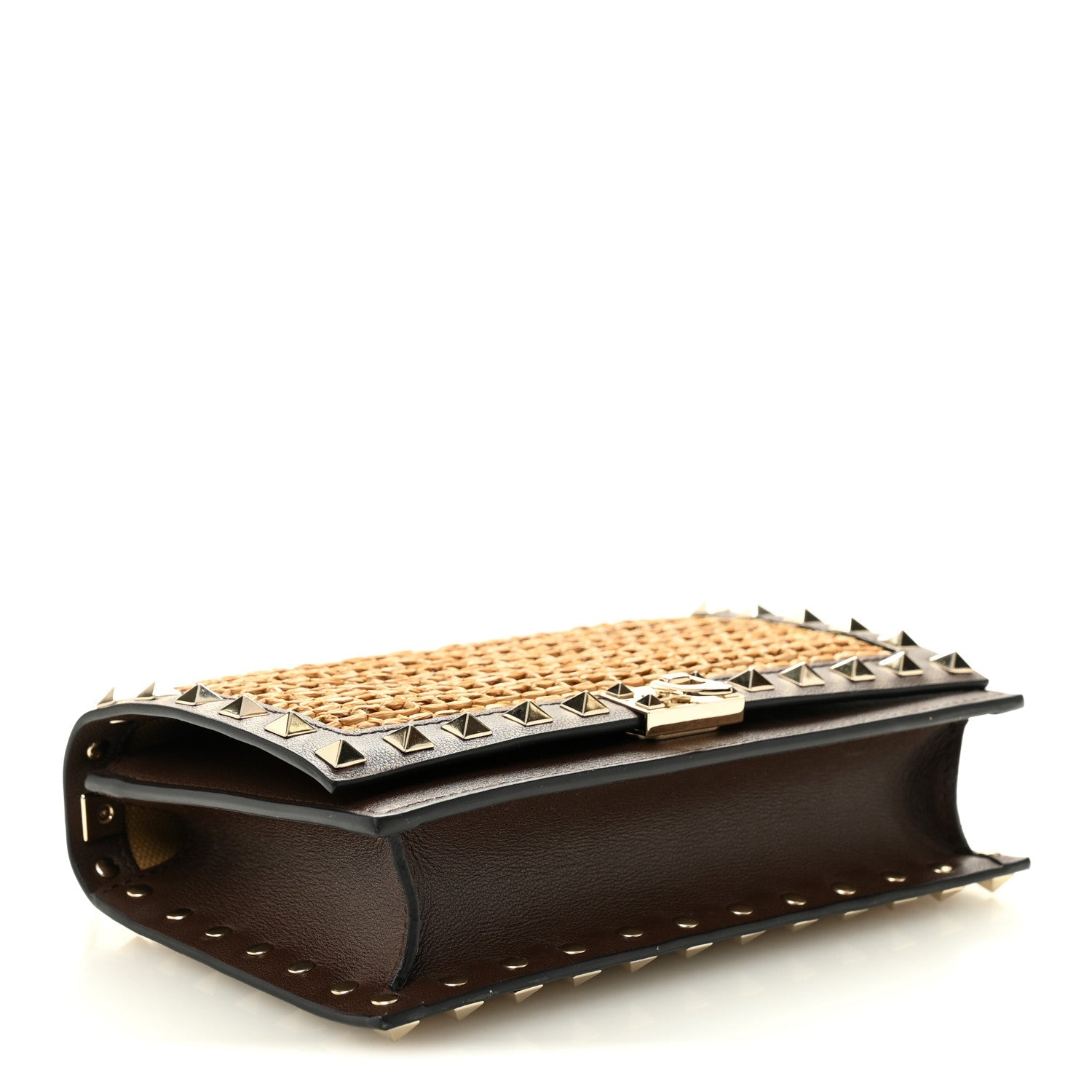 Raffia Calfskin Rockstud Wallet On Chain Pouch Natural Brown