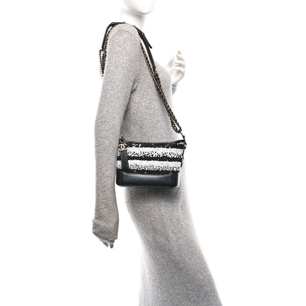 Sequin Calfskin Small Gabrielle Hobo Black White