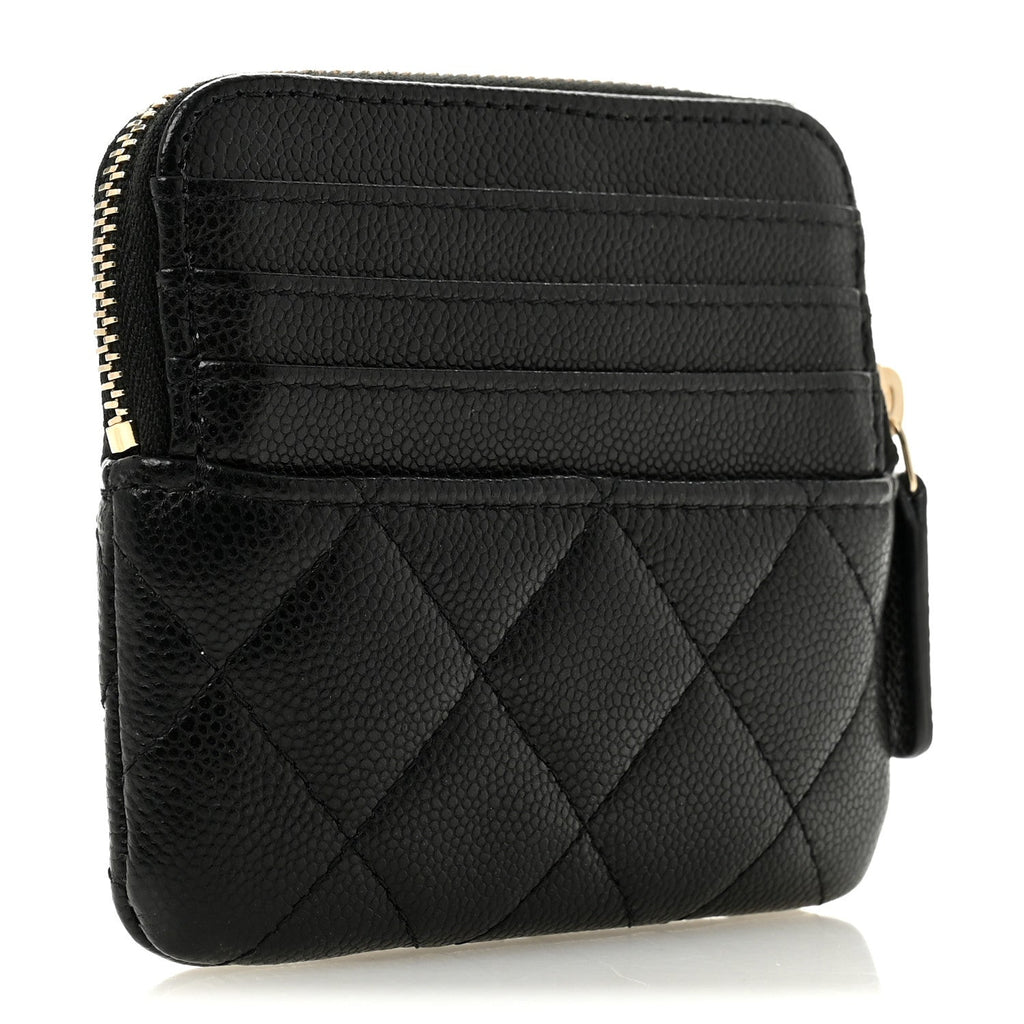 Caviar Quilted Zip  Holder Wallet Black
