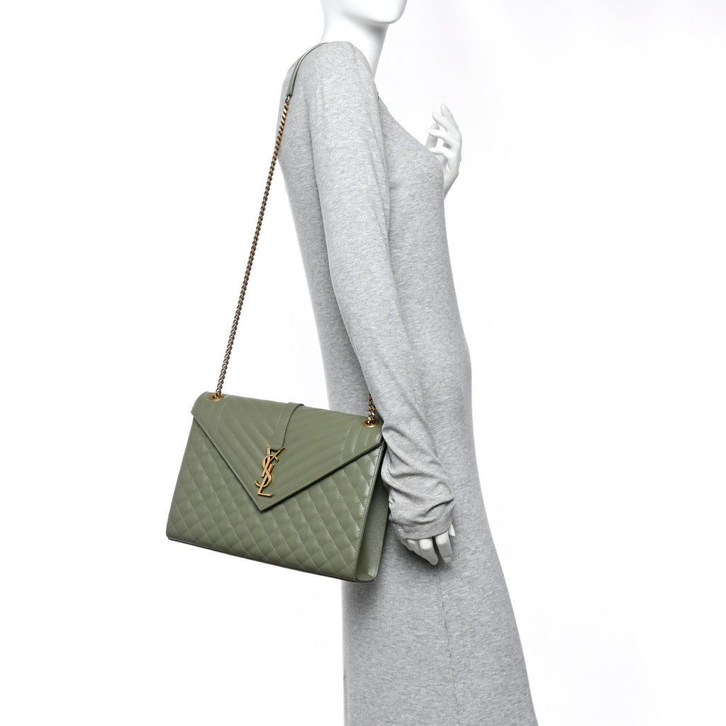 Grain De Poudre Textured Mixed Matelasse Large Triquilt Monogram Satchel Light Sage