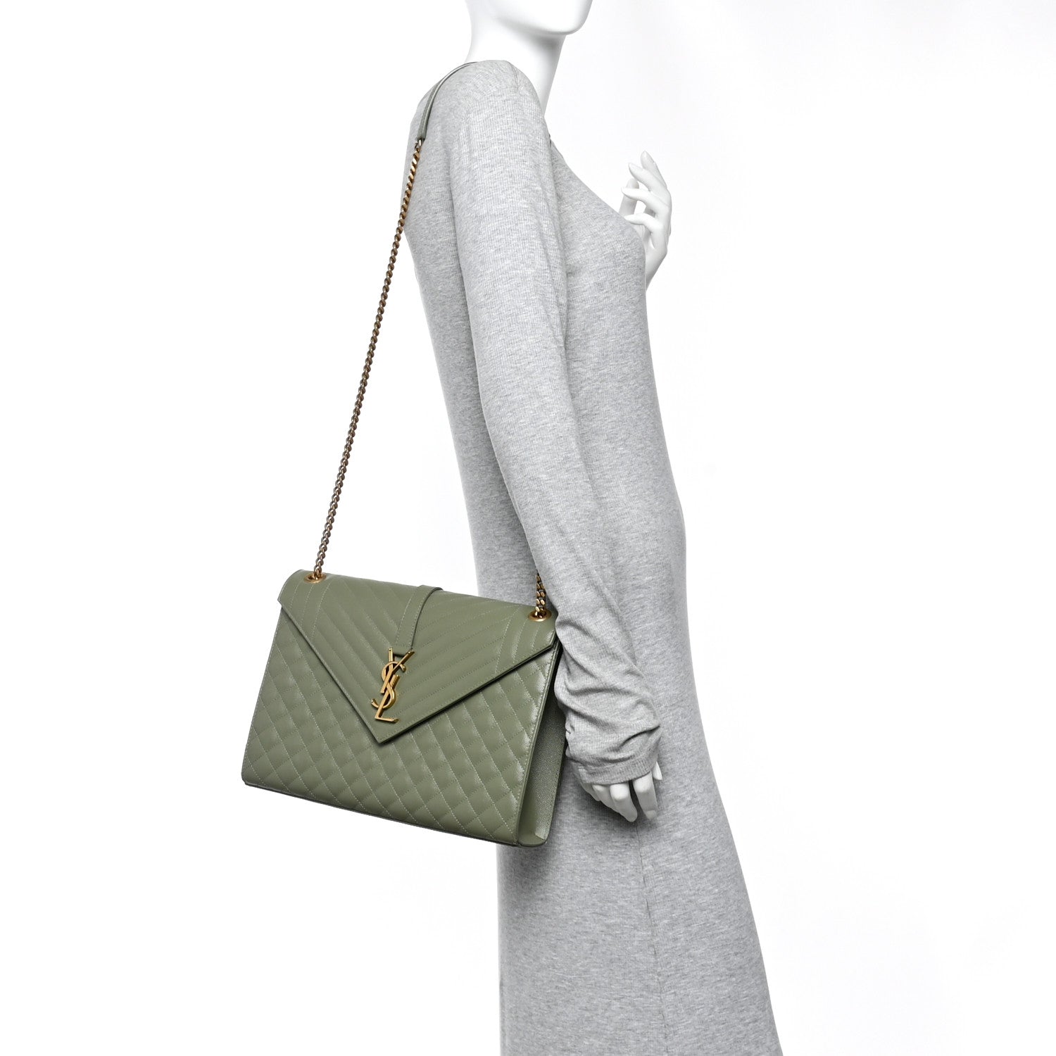 Grain De Poudre Textured Mixed Matelasse Large Triquilt Monogram Satchel Light Sage