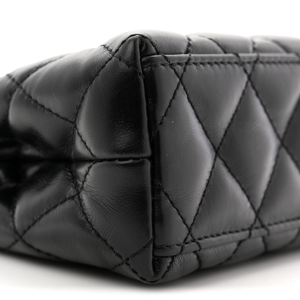 Shiny Aged Calfskin Quilted Nano Kelly Shopper Black