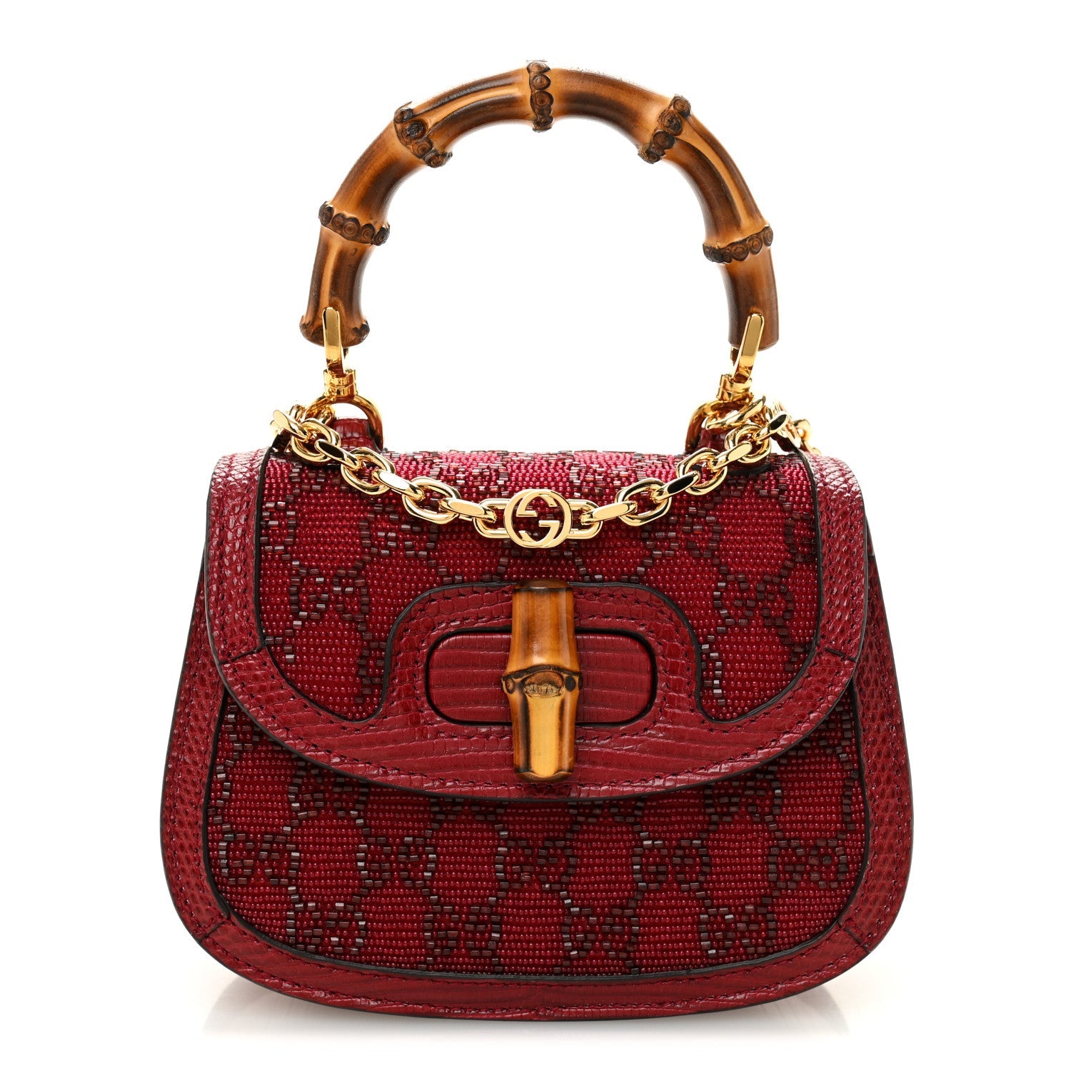 Moire Fabric Calfskin Rhinestone Monogram Monochrome Lizard Embossed Mini Bamboo 1947 Top Handle Chain Bag Red