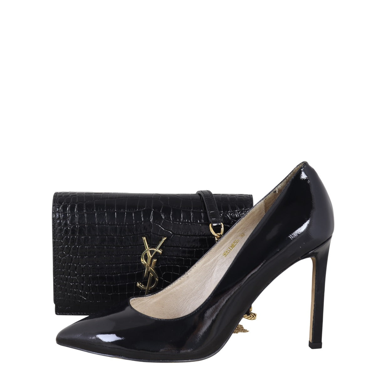 Saint Laurent Kate Tassel Chain Wallet Croc-Embossed