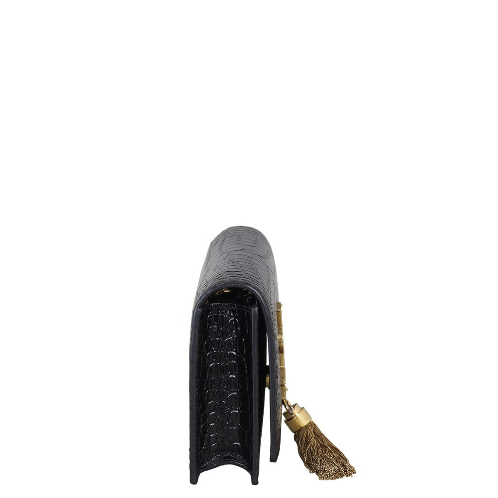Saint Laurent Kate Tassel Chain Wallet Croc-Embossed