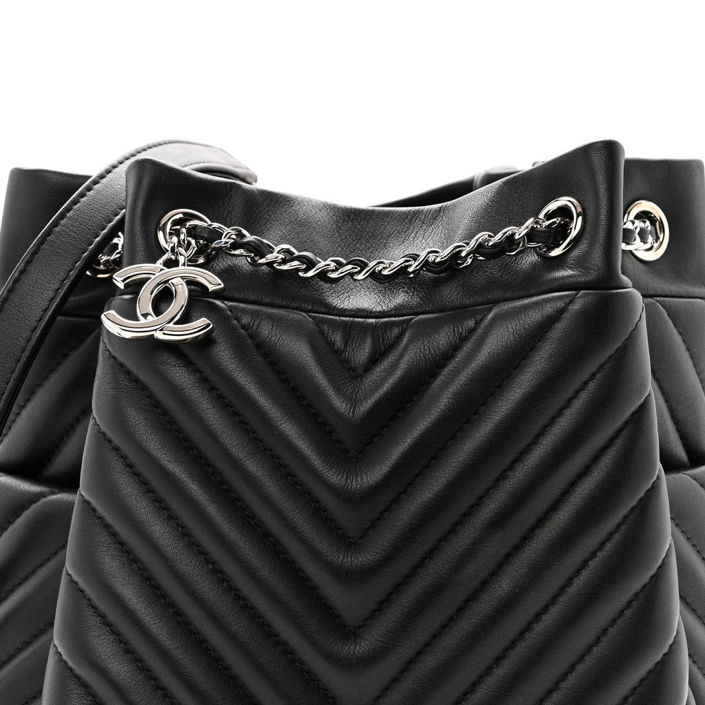 Lambskin Chevron Small Urban Spirit Drawstring Bag Black