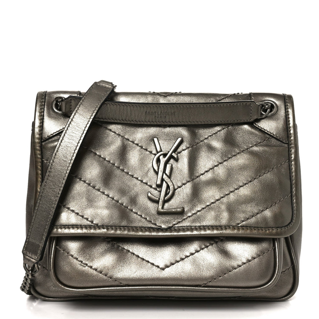 Crinkled Calfskin Matelasse Monogram Baby Niki Chain Satchel Platinum