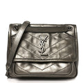 Crinkled Calfskin Matelasse Monogram Baby Niki Chain Satchel Platinum