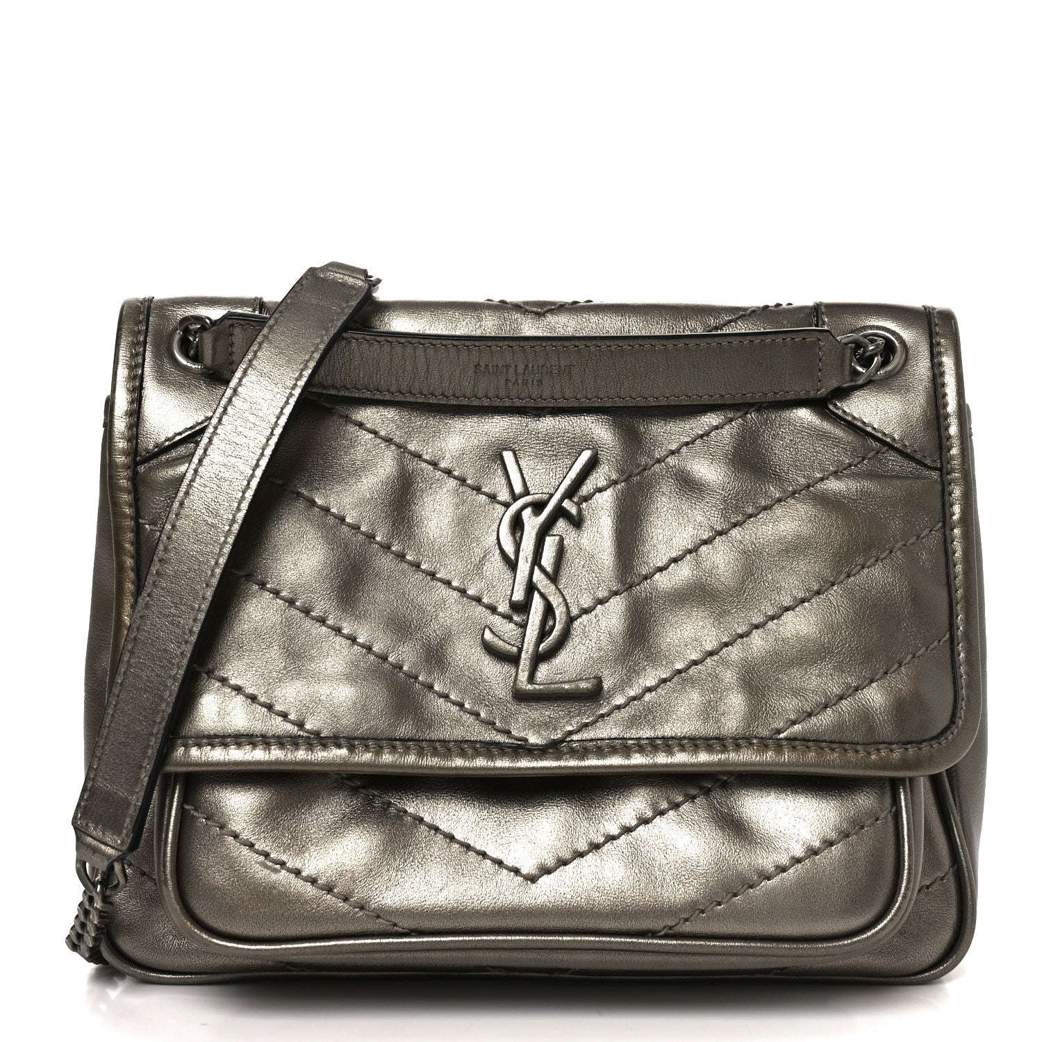 Crinkled Calfskin Matelasse Monogram Baby Niki Chain Satchel Platinum