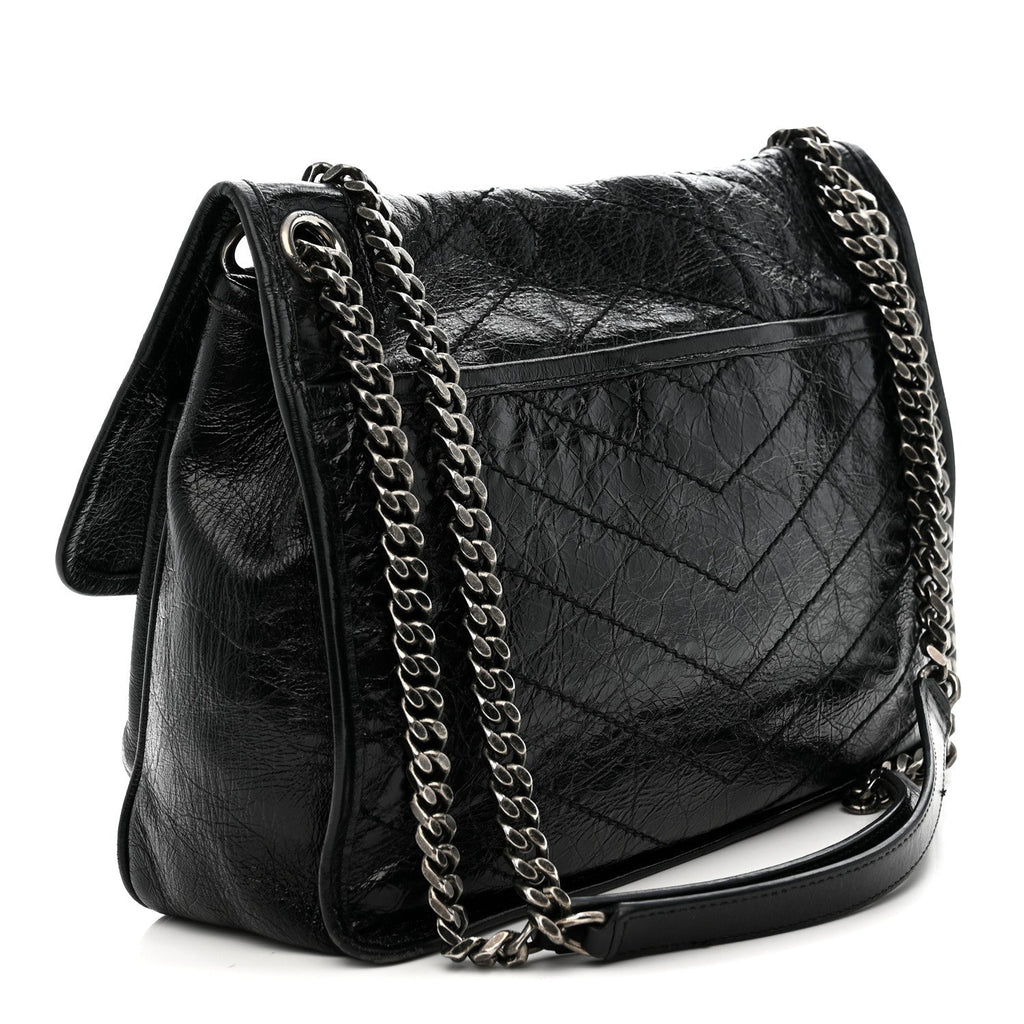 Crinkled Calfskin Matelasse Monogram Medium Niki Chain Satchel Black