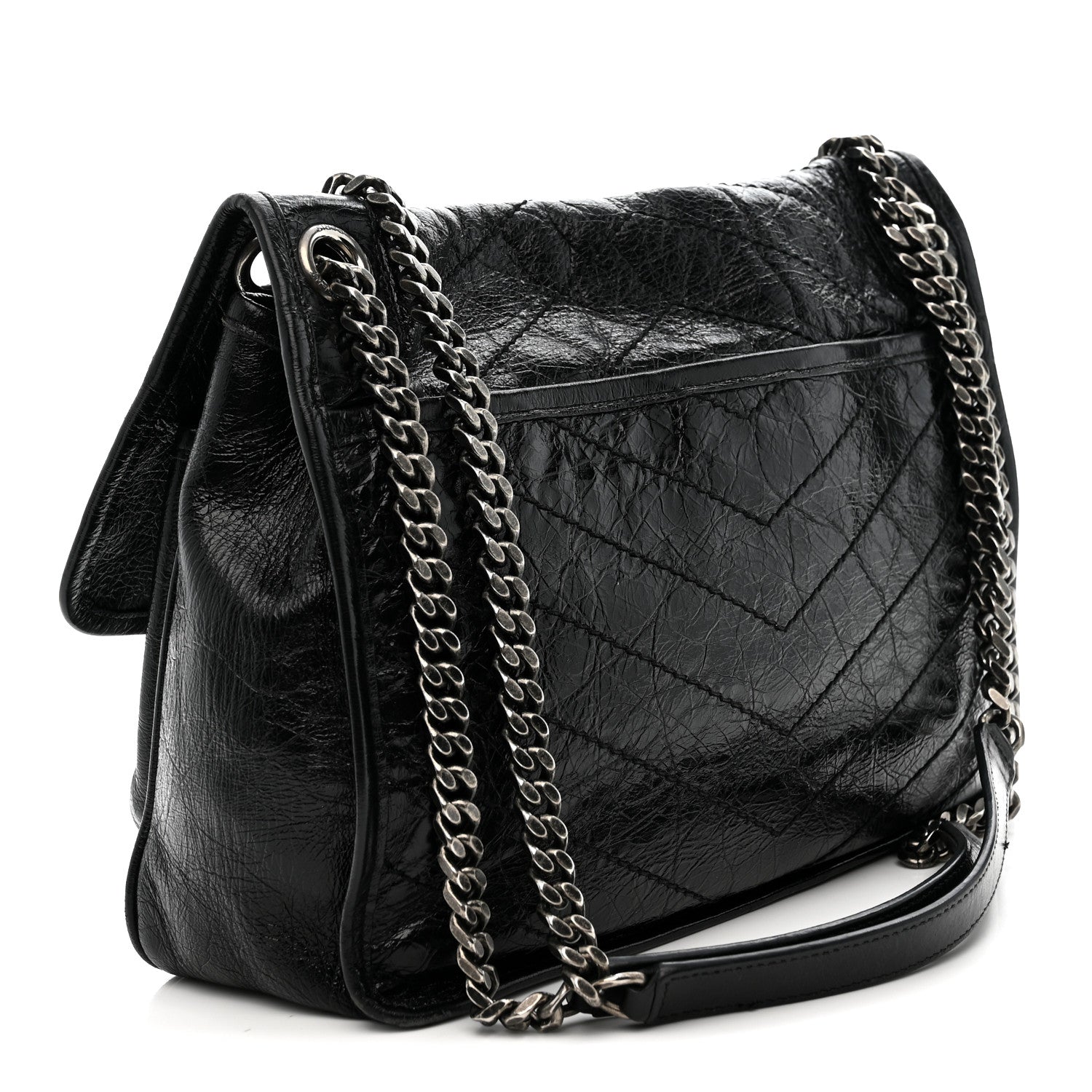 Crinkled Calfskin Matelasse Monogram Medium Niki Chain Satchel Black