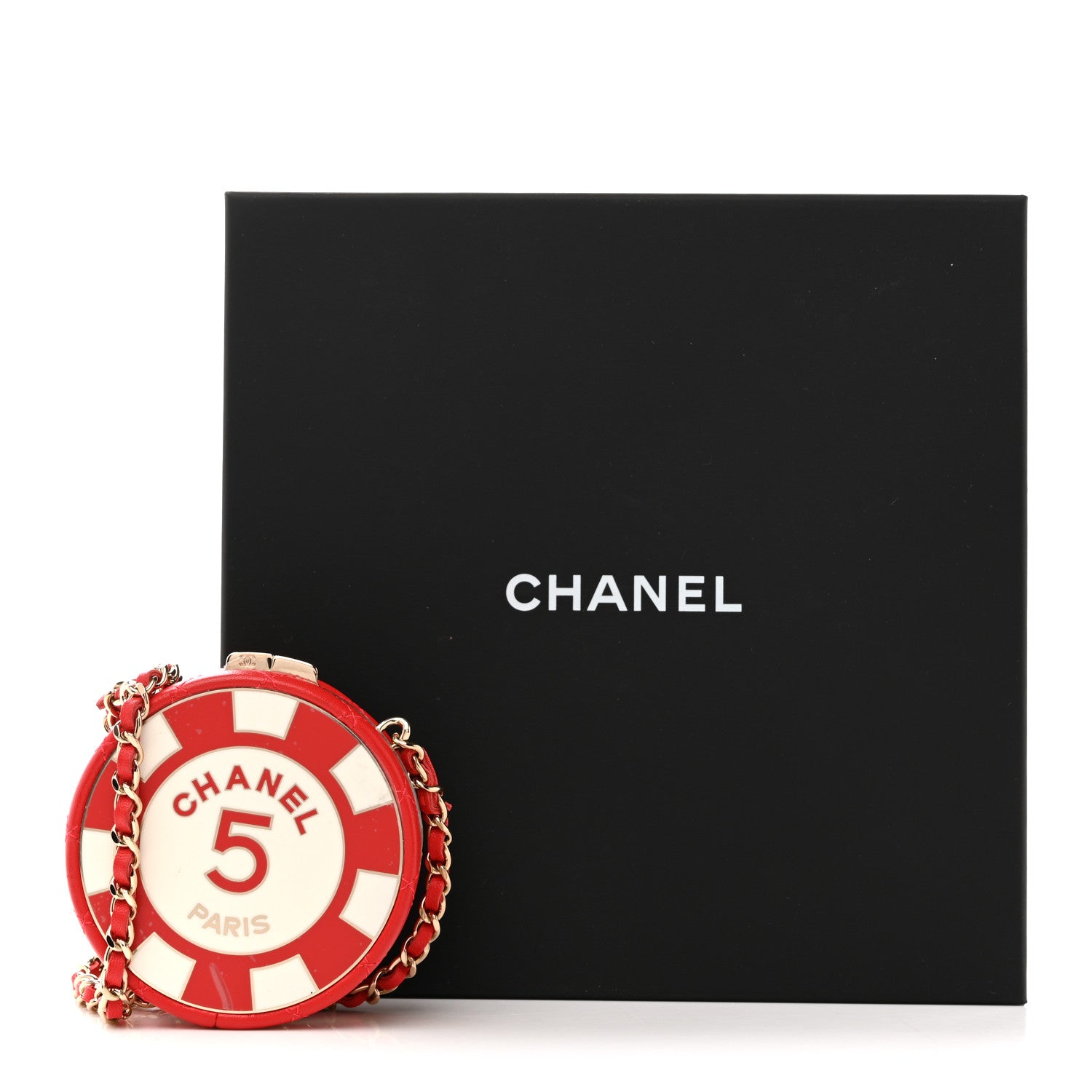 Lambskin Enamel Quilted Round Poker Chip Clutch With Chain Red White