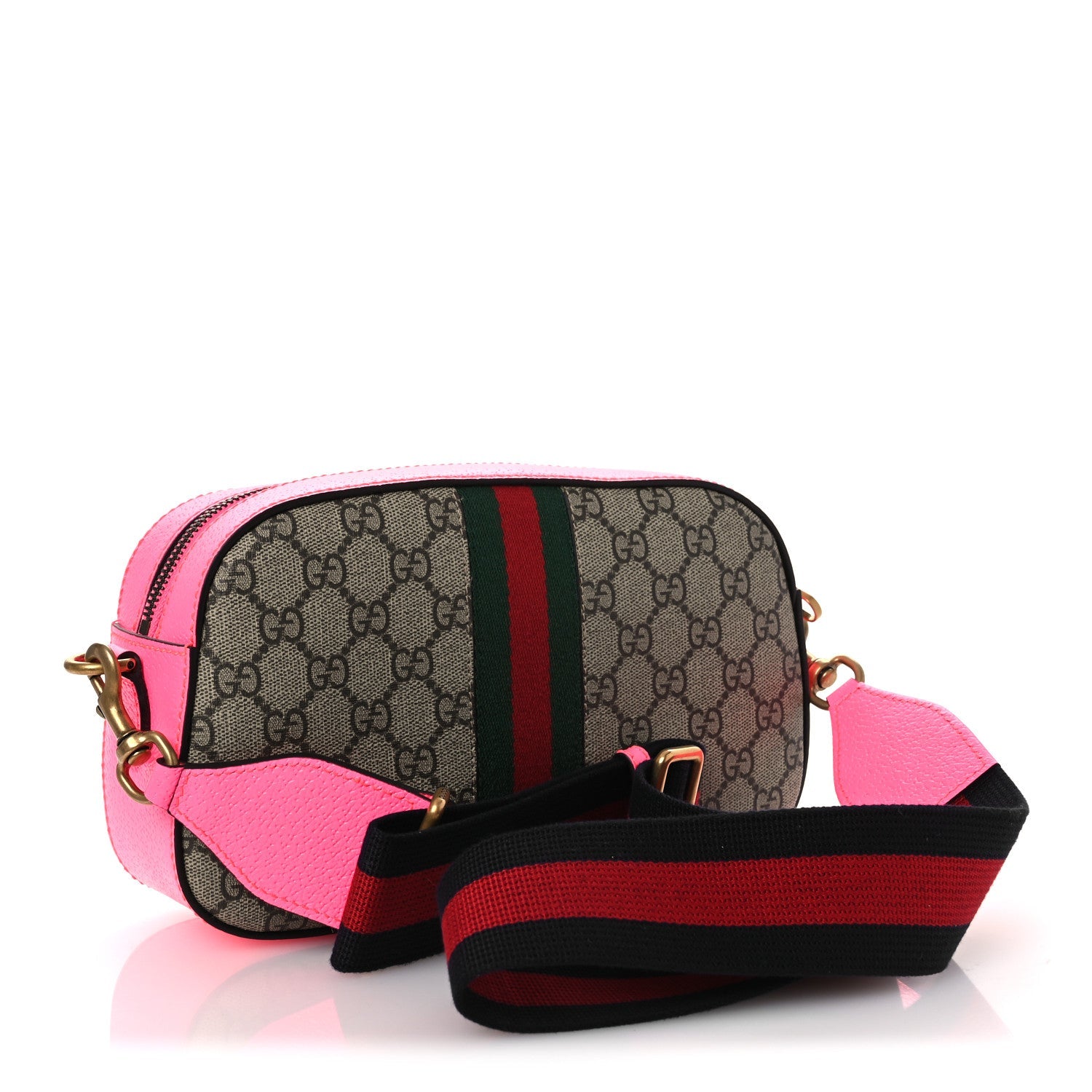 GG Supreme Monogram Textured Dollar Calfskin Web Ophidia Small Crossbody Bag Beige Ebony Fuchsia