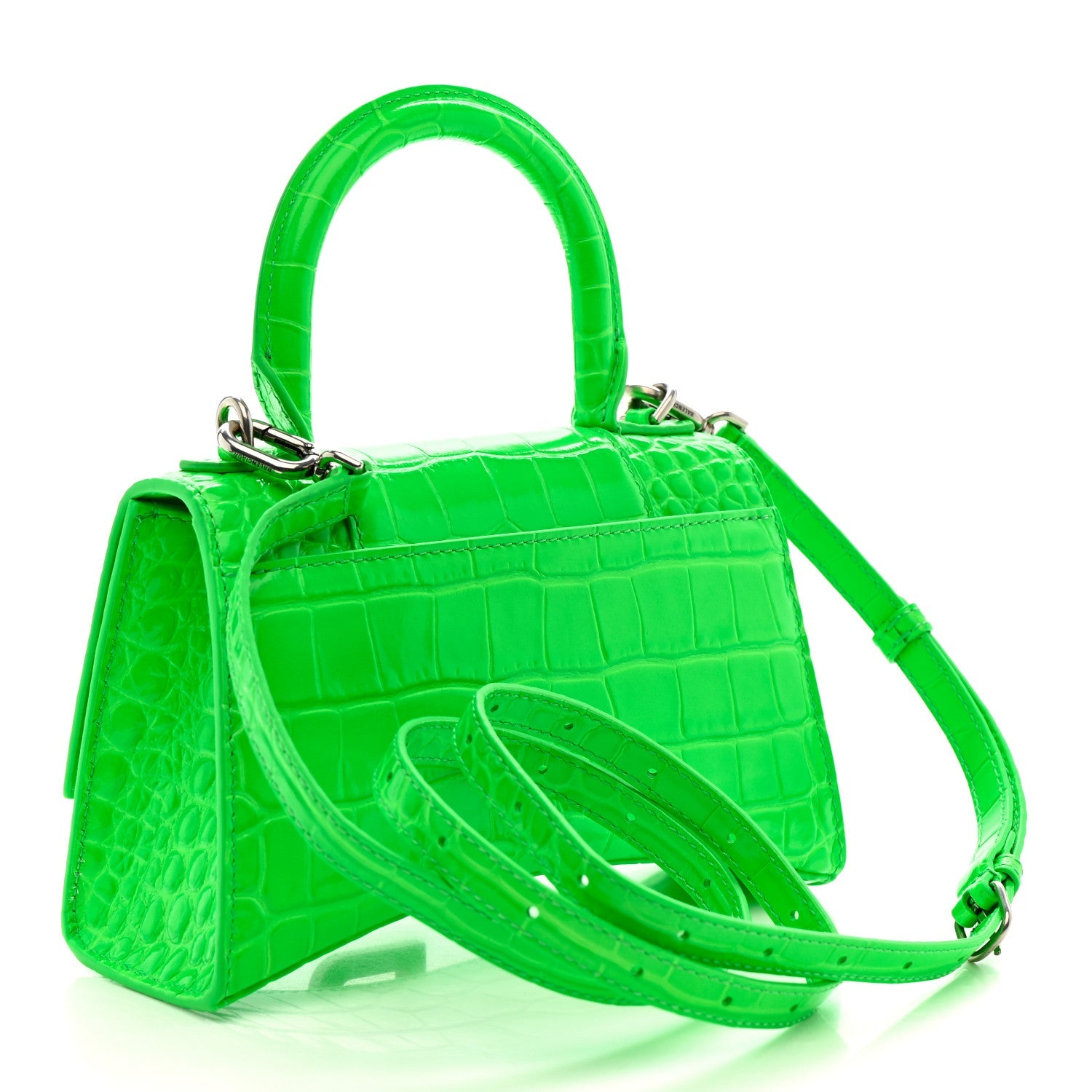 Shiny Calfskin Strass Crocodile Embossed Hourglass Top Handle Bag XS Fluo Green