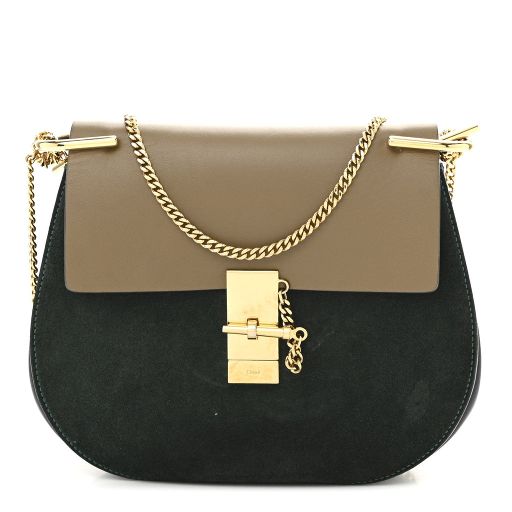 Suede Smooth Calfskin Drew Shoulder Bag Intense Green Brown