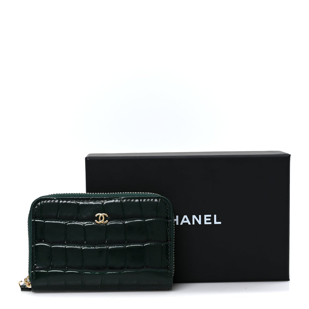 Calfskin Crocodile Embossed Crococo Zip Coin Purse Emerald