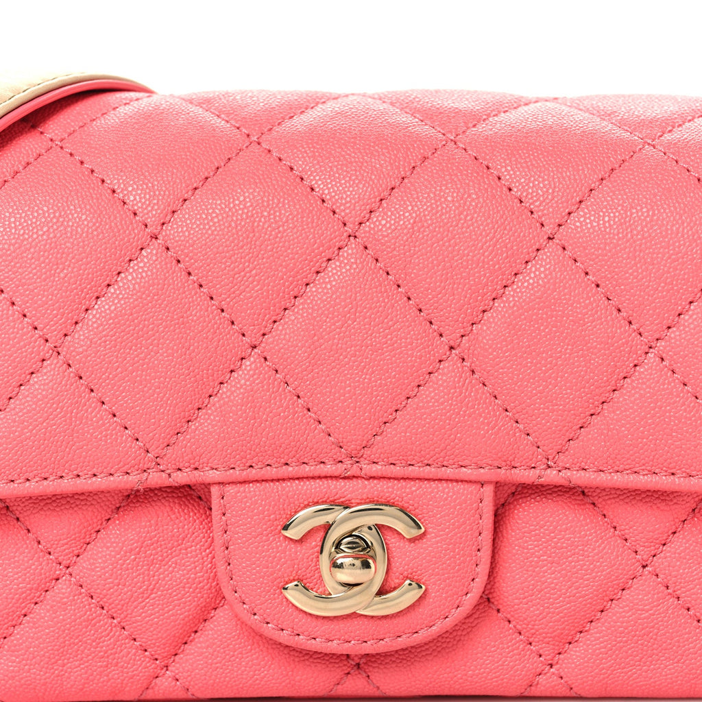 Iridescent Caviar Quilted Mini Flap With Thick Strap Pink Beige