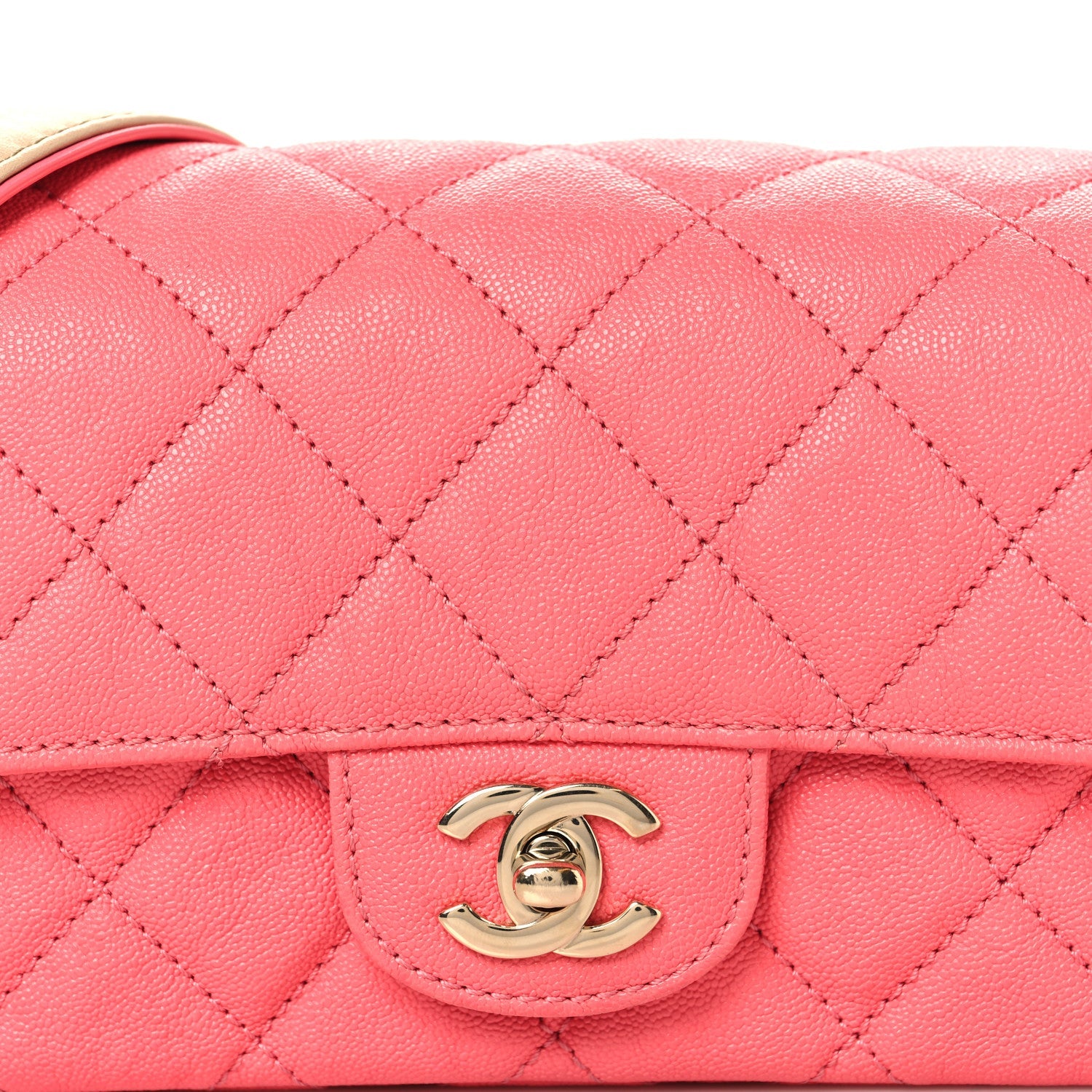 Iridescent Caviar Quilted Mini Flap With Thick Strap Pink Beige