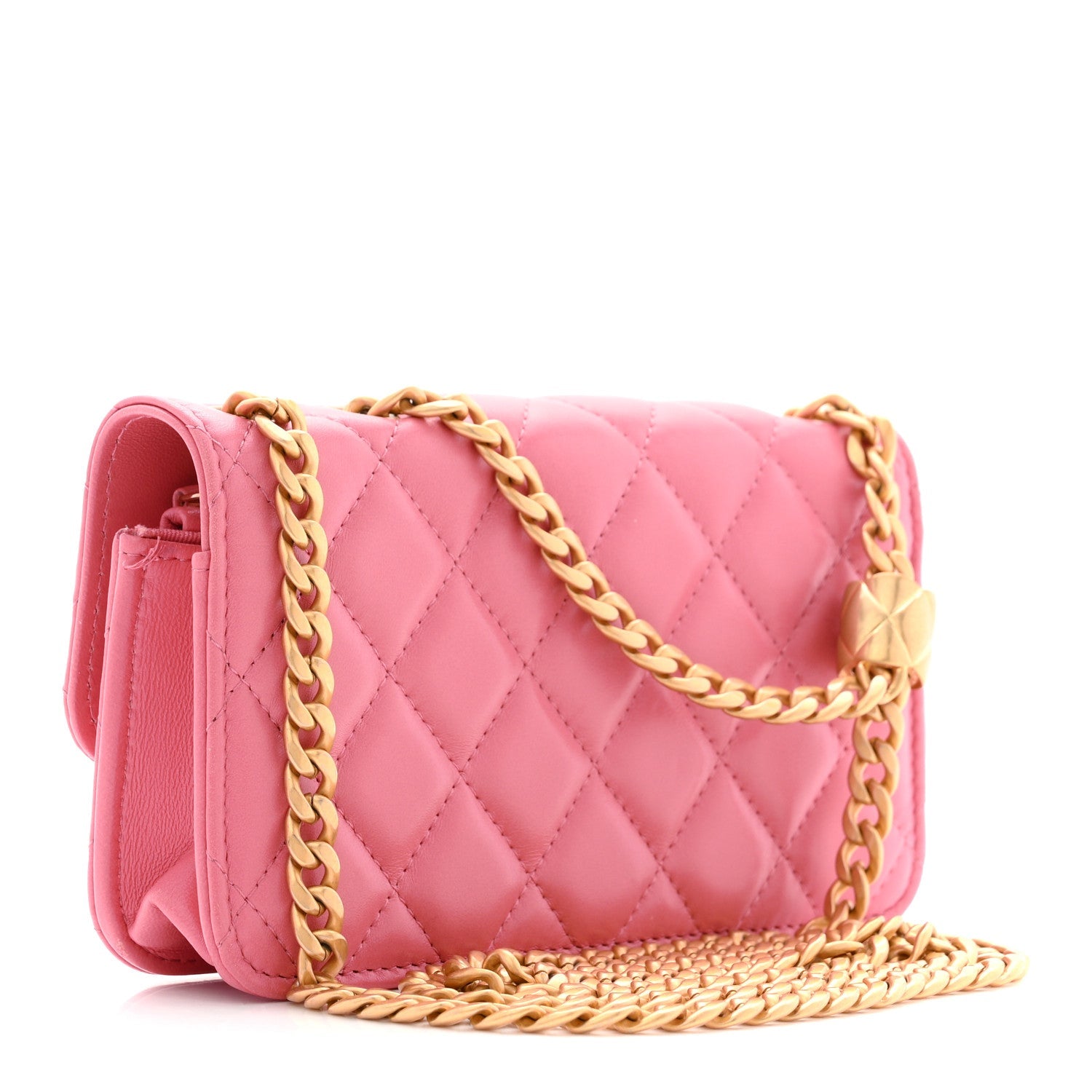 Lambskin Quilted Pillow Crush Flap Phone Holder With Chain Pink