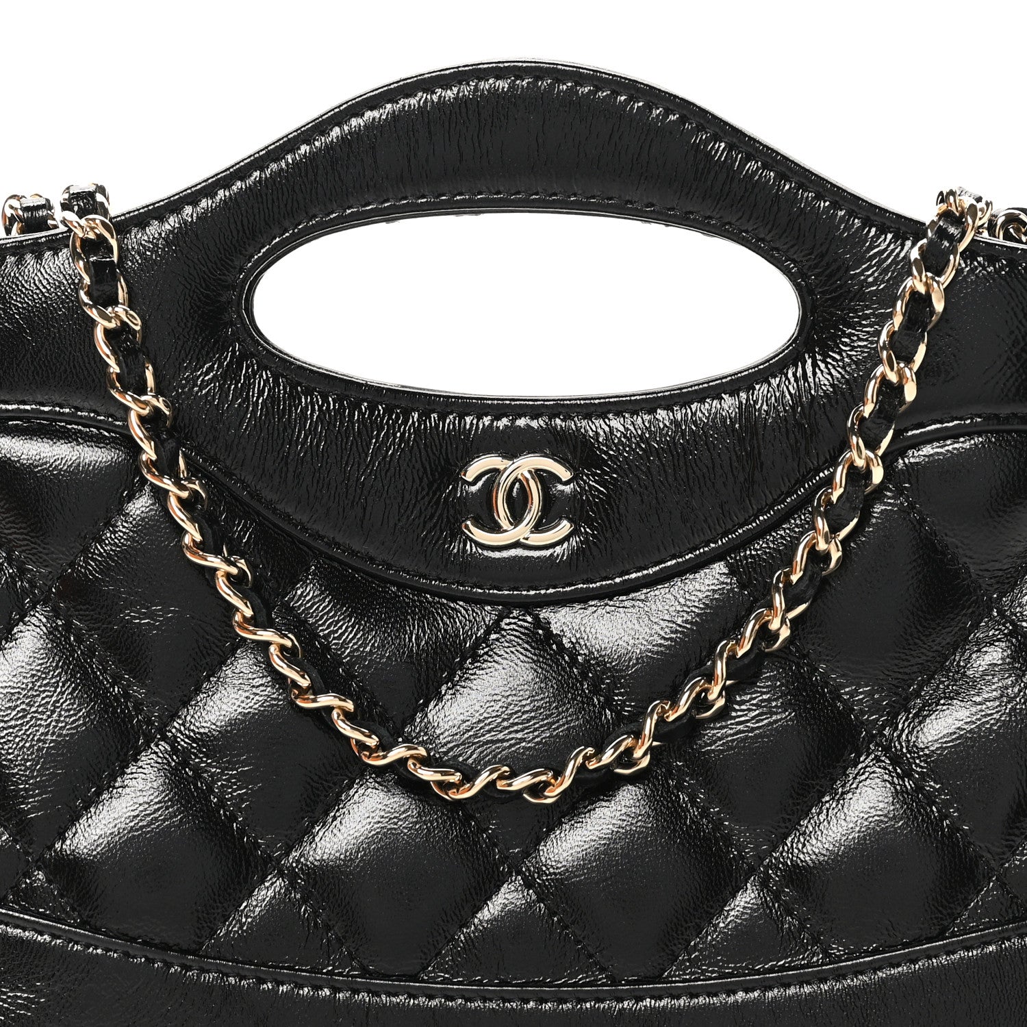 Shiny Crumpled Calfskin Quilted Nano 31 Shopping Bag Black