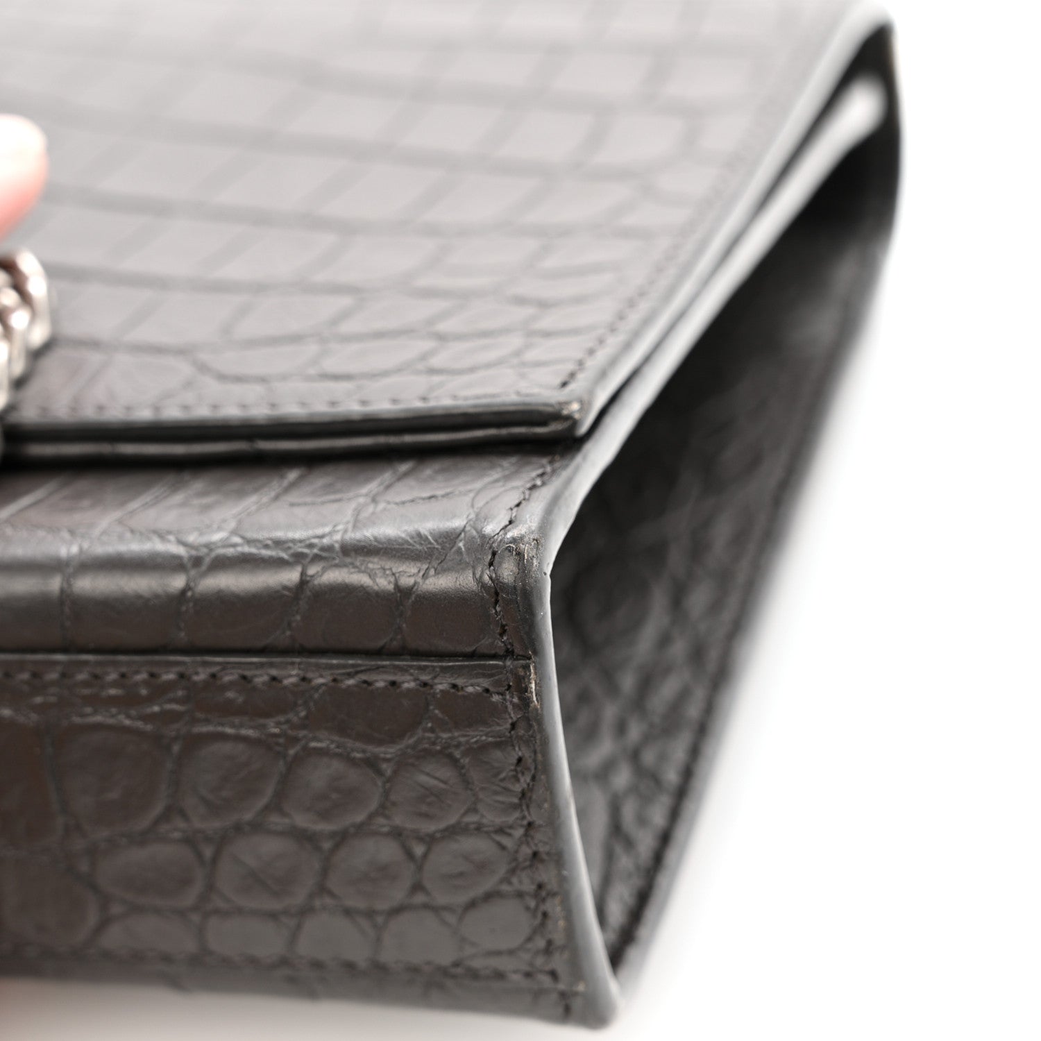 Calfskin Crocodile Embossed Medium Classic Monogram Kate Tassel Satchel Storm