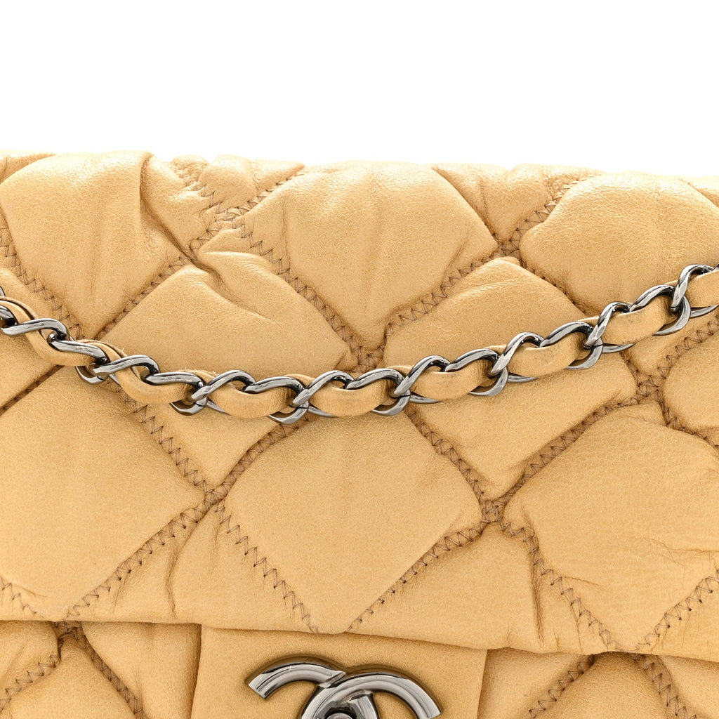 Calfskin Quilted Medium Bubble Quilt Flap Bag Beige