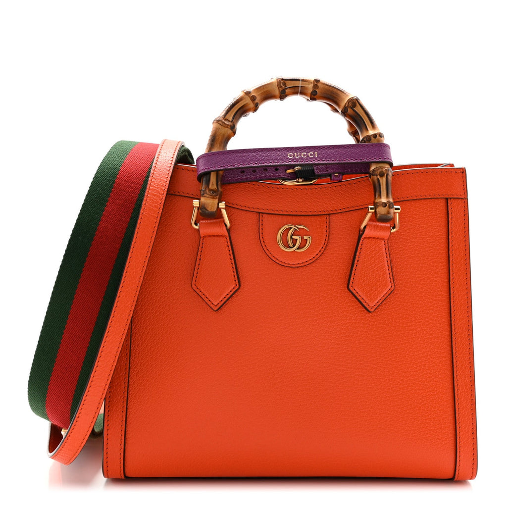 Textured Dollar Calfskin Web Small Diana Tote Bag Deep Orange Spicy Cyclamin