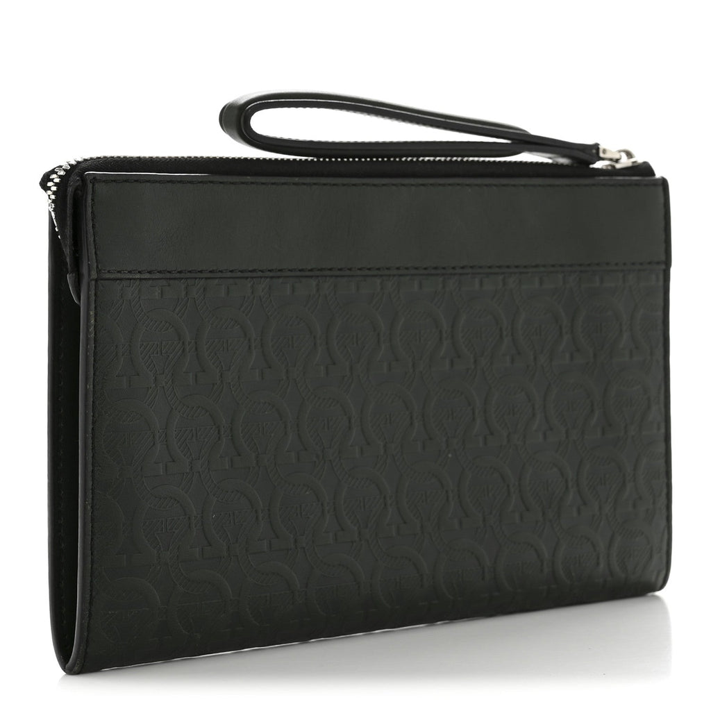 Calfskin Gancini Embossed Wristlet Clutch Dark Green