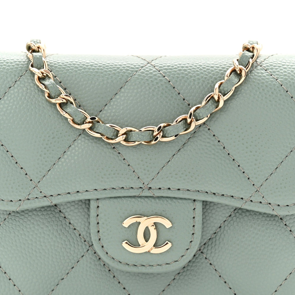 Caviar Quilted Flap  Holder On Chain Light Green