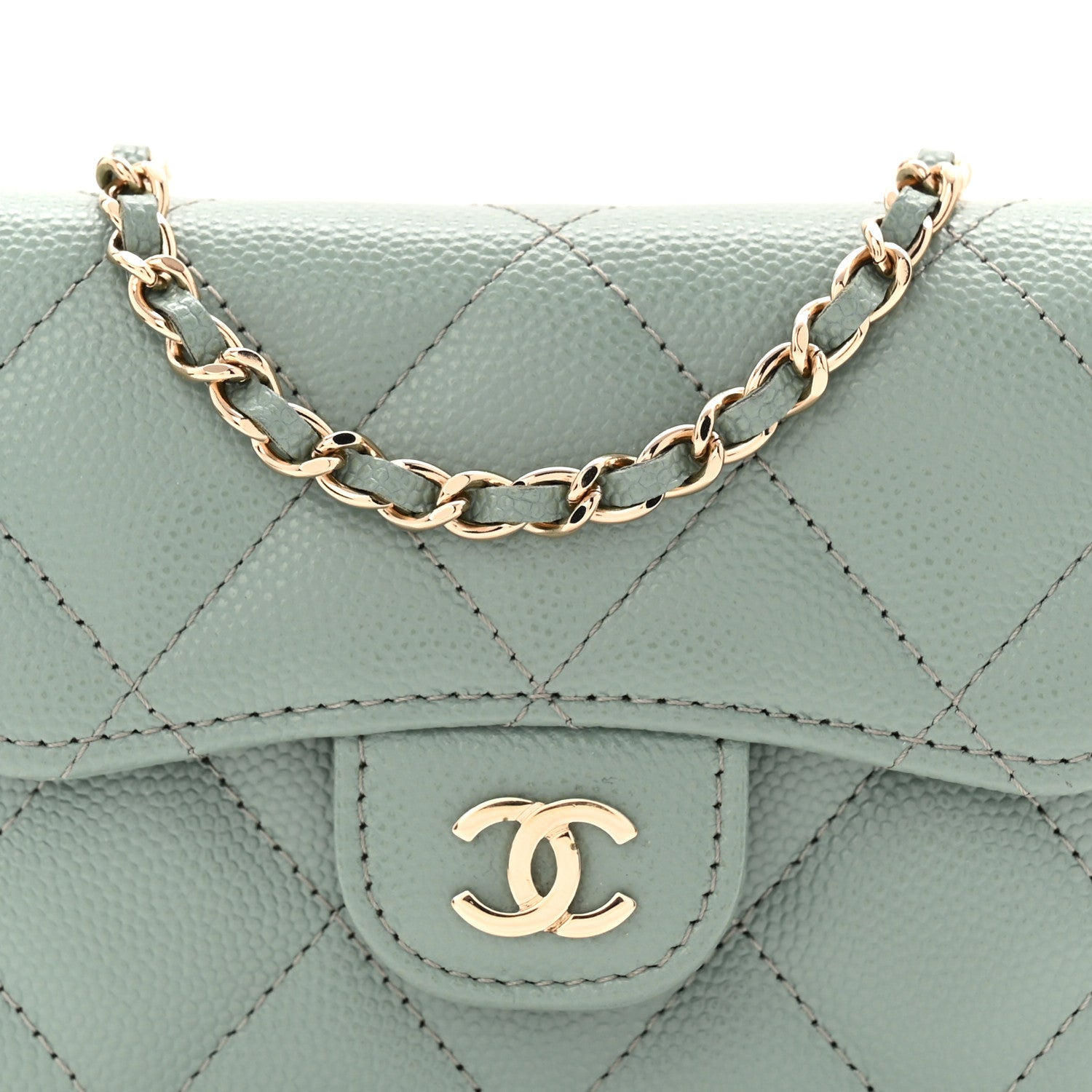Caviar Quilted Flap  Holder On Chain Light Green