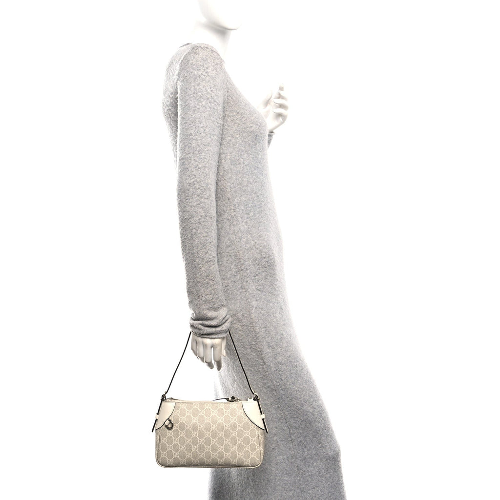 GG Supreme Monogram Textured Calfskin Small Emblem Shoulder Bag Beige Mystic White