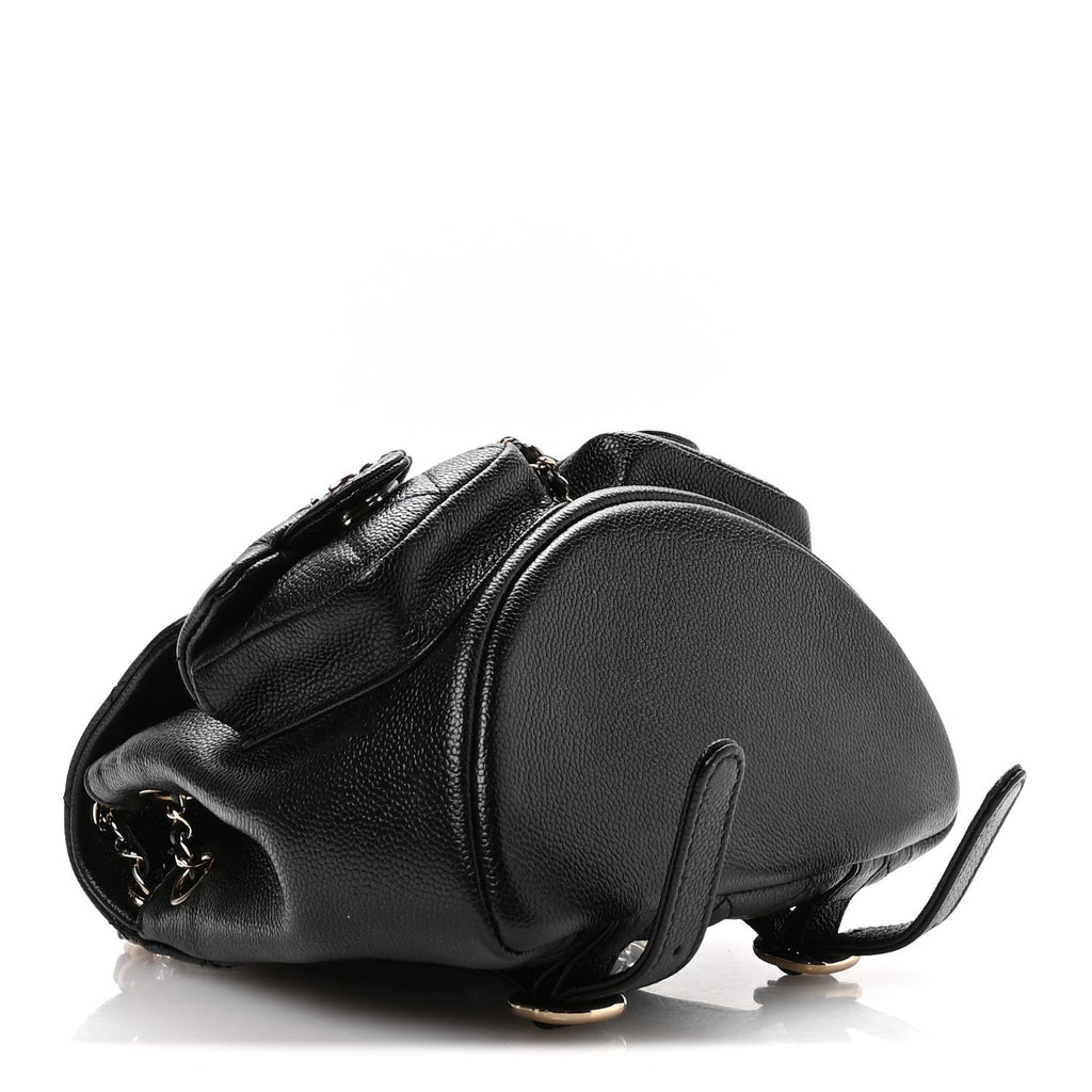 Shiny Caviar Quilted Small Duma Pockets Drawstring Backpack Black