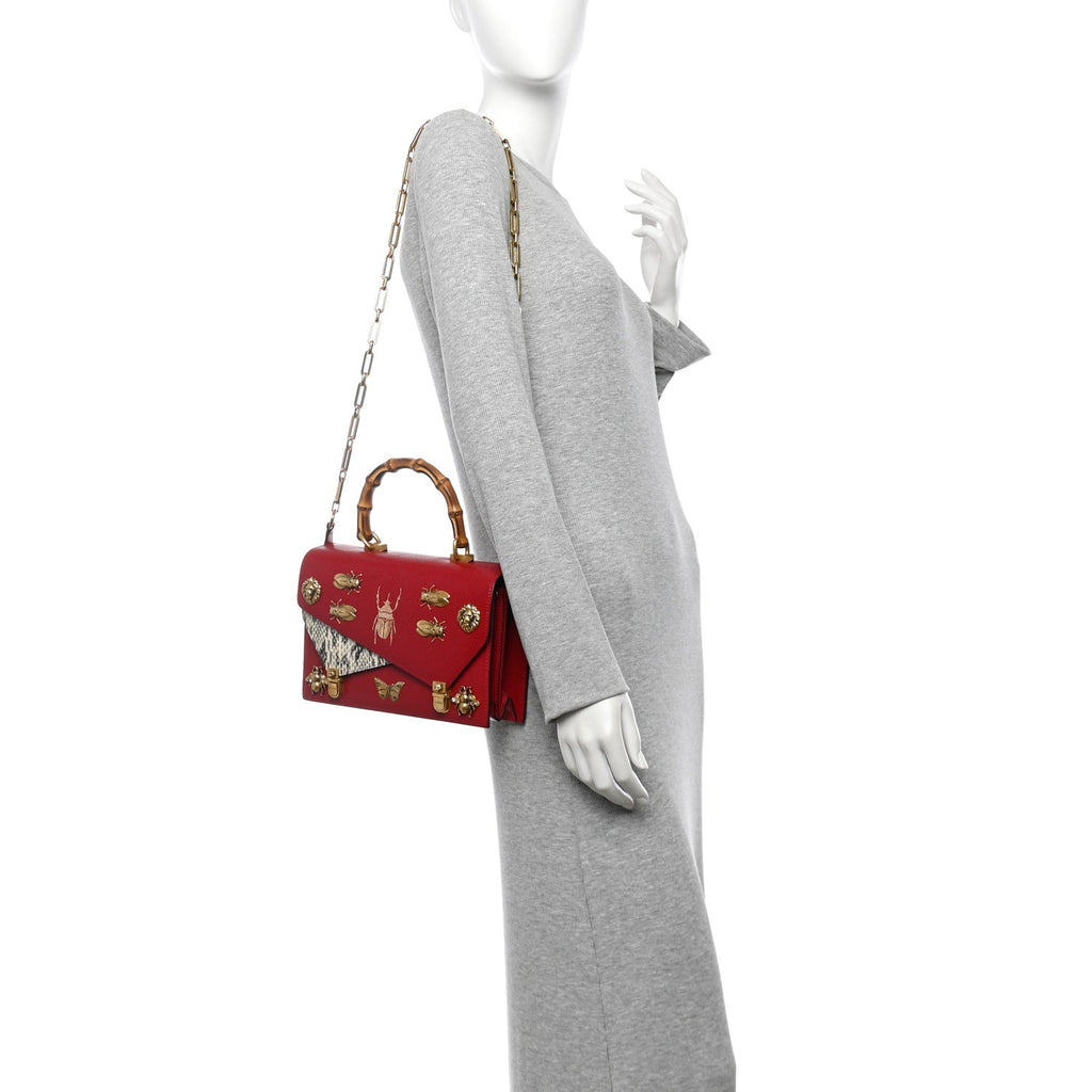 Calfskin Snakeskin Studded Small Ottilia Top Handle Bag Hibiscus Red
