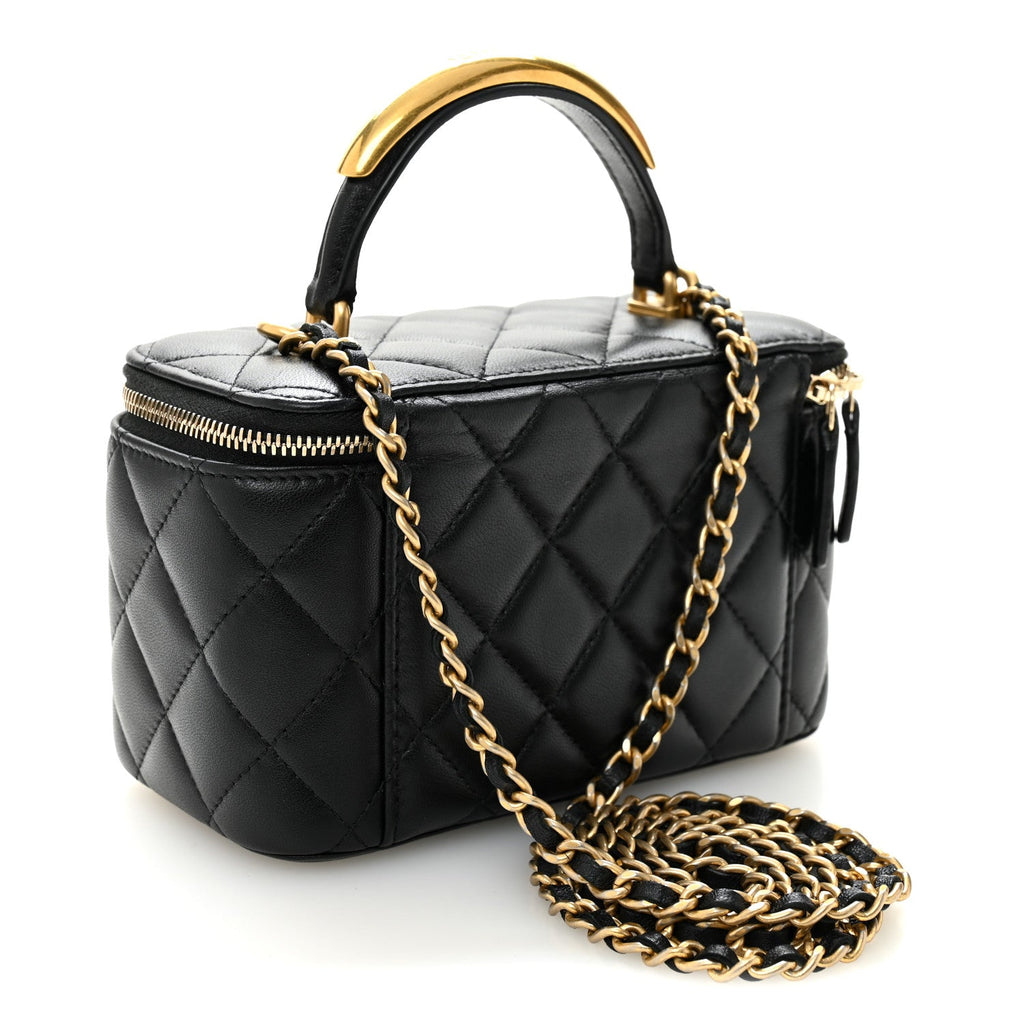 Lambskin Quilted Metal Small Top Handle Vanity Case With Chain Black
