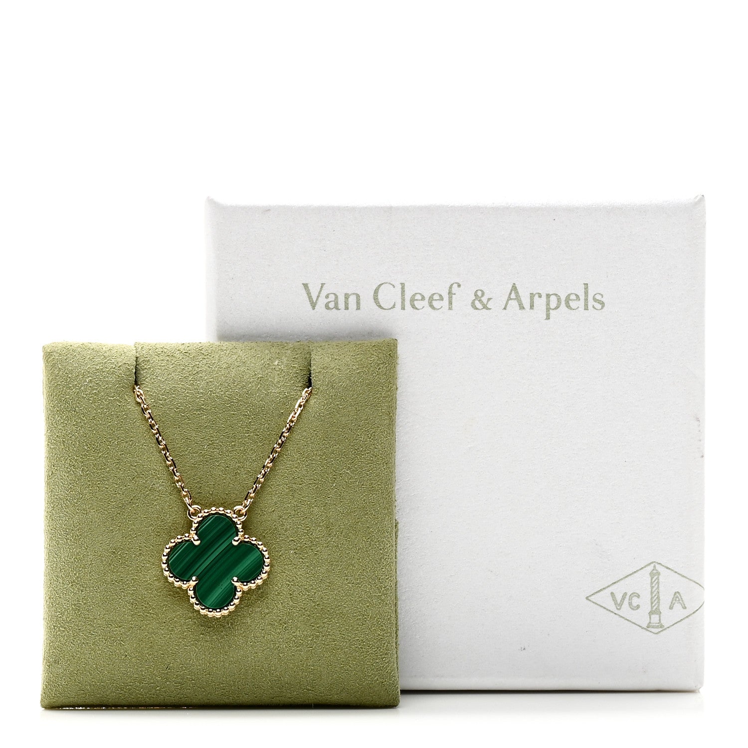 18K Yellow Gold Malachite Vintage Alhambra Pendant Necklace