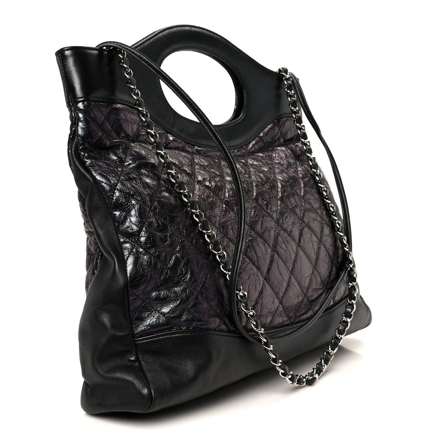 Crumpled Calfskin Quilted 31 Large Shopping Bag Black
