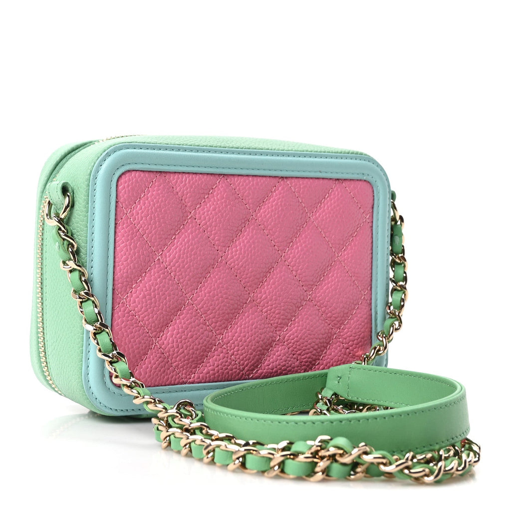 Caviar Quilted Filigree Vanity Clutch With Chain Pink Light Blue Green