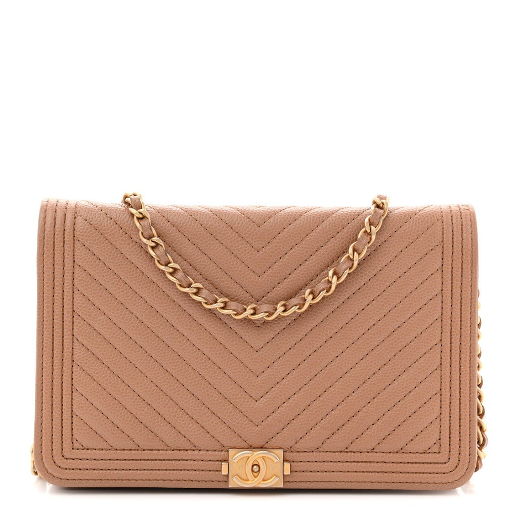 Caviar Chevron Quilted Boy Wallet On Chain WOC Dark Beige