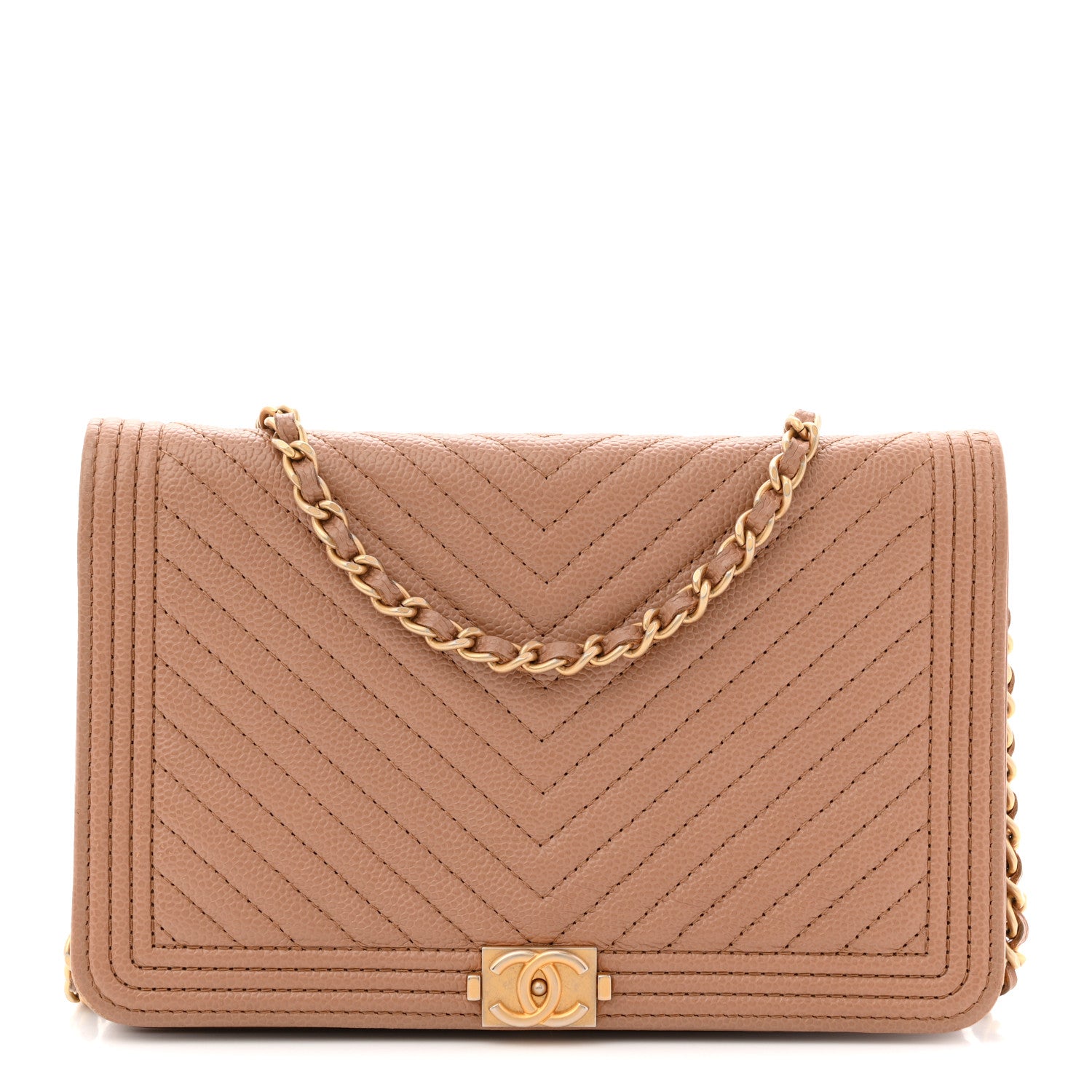 Caviar Chevron Quilted Boy Wallet On Chain WOC Dark Beige