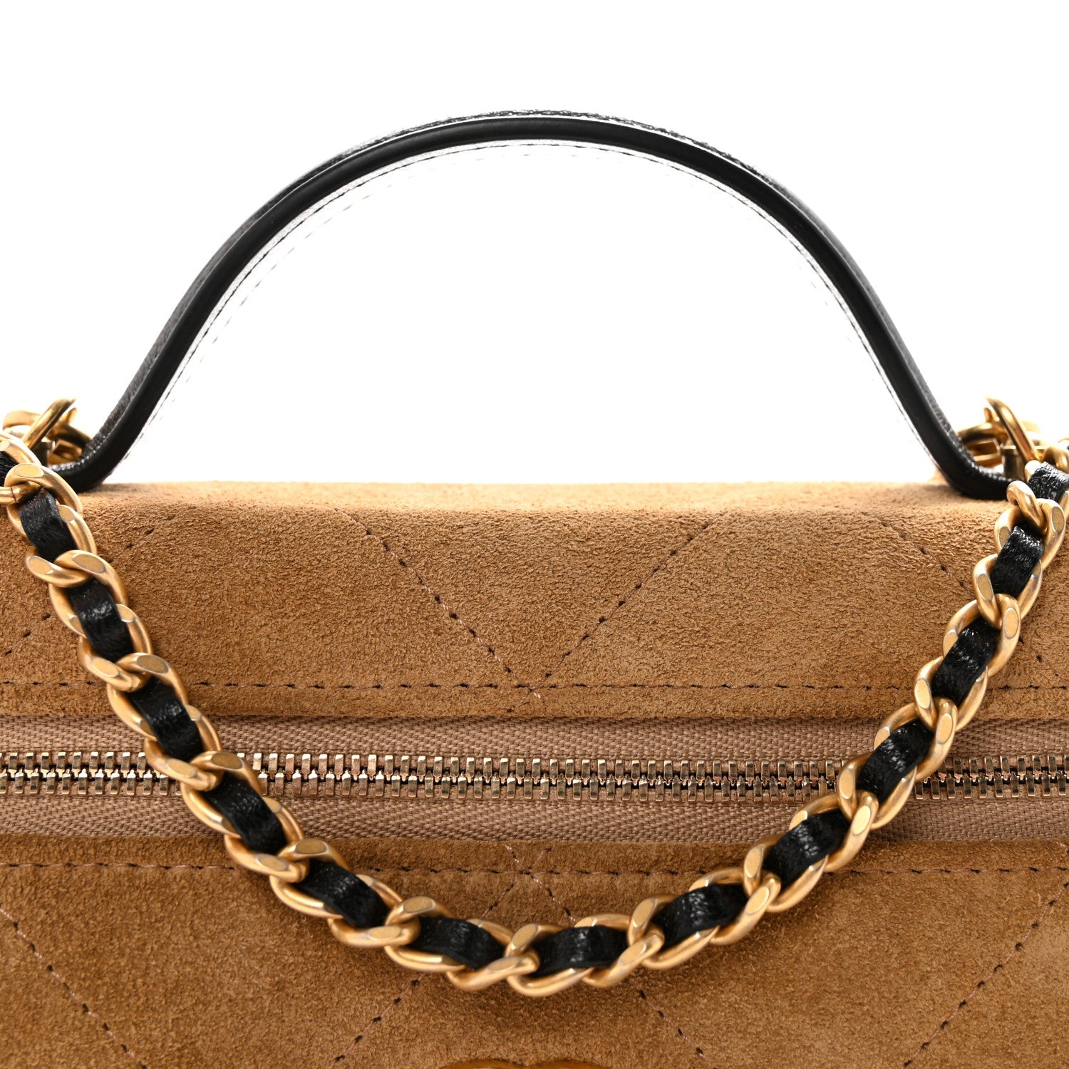 Suede Calfskin Shiny Lambskin Quilted Top Handle Slim Vanity Case With Chain Beige Black