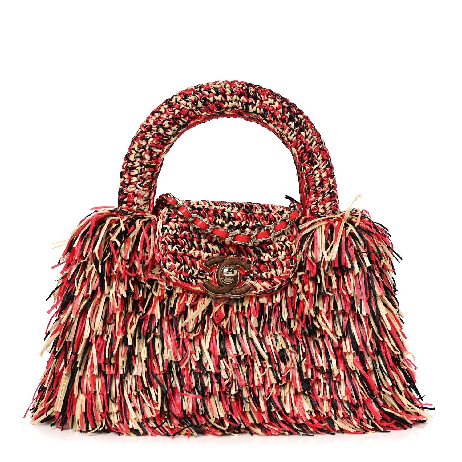 Raffia Fringe Nano Kelly Shopper Red Beige Black